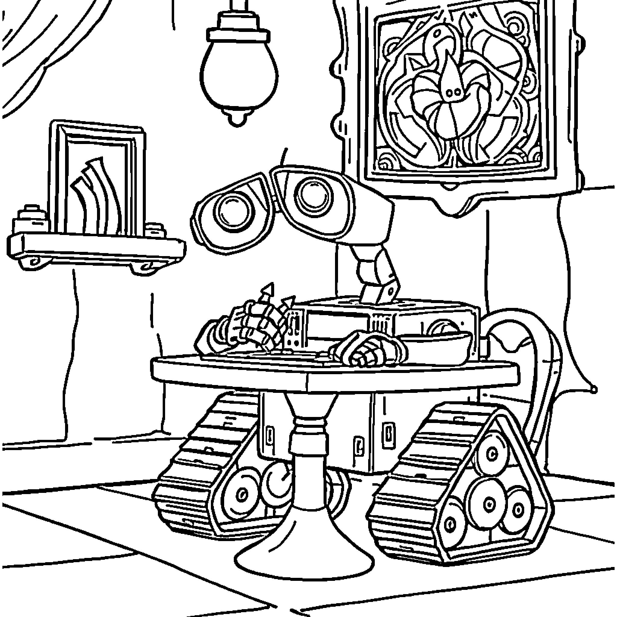 Wall-E exploring a room with shelves and lamps Coloring Page (free black-and-white line drawing printable PDF for all, from beginners to advanced learners, including children, teens, adults, and seniors)