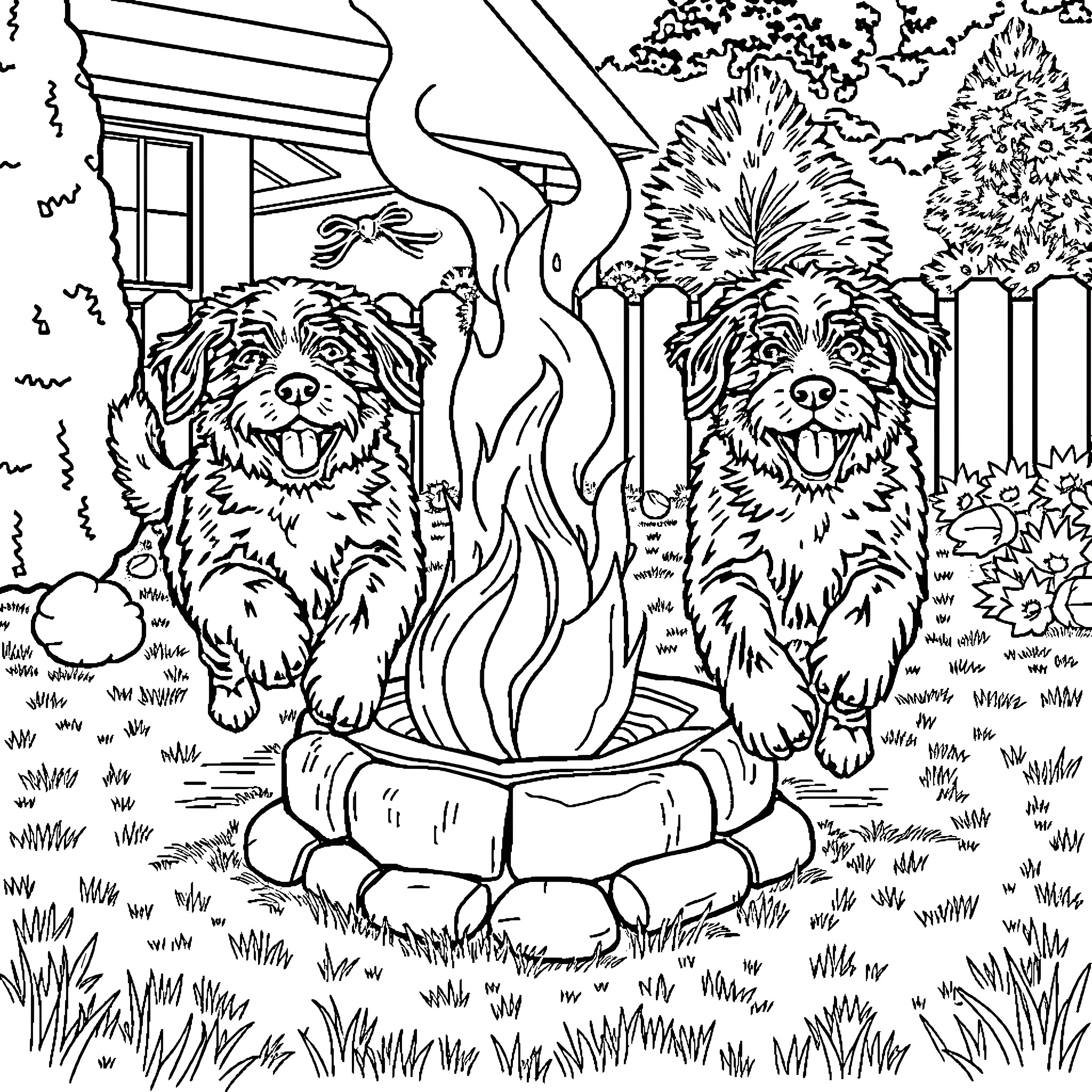 Bernedoodle dogs enjoying a peaceful day in the garden Coloring Page (free black-and-white line drawing printable PDF for all, from beginners to advanced learners, including children, teens, adults, and seniors)
