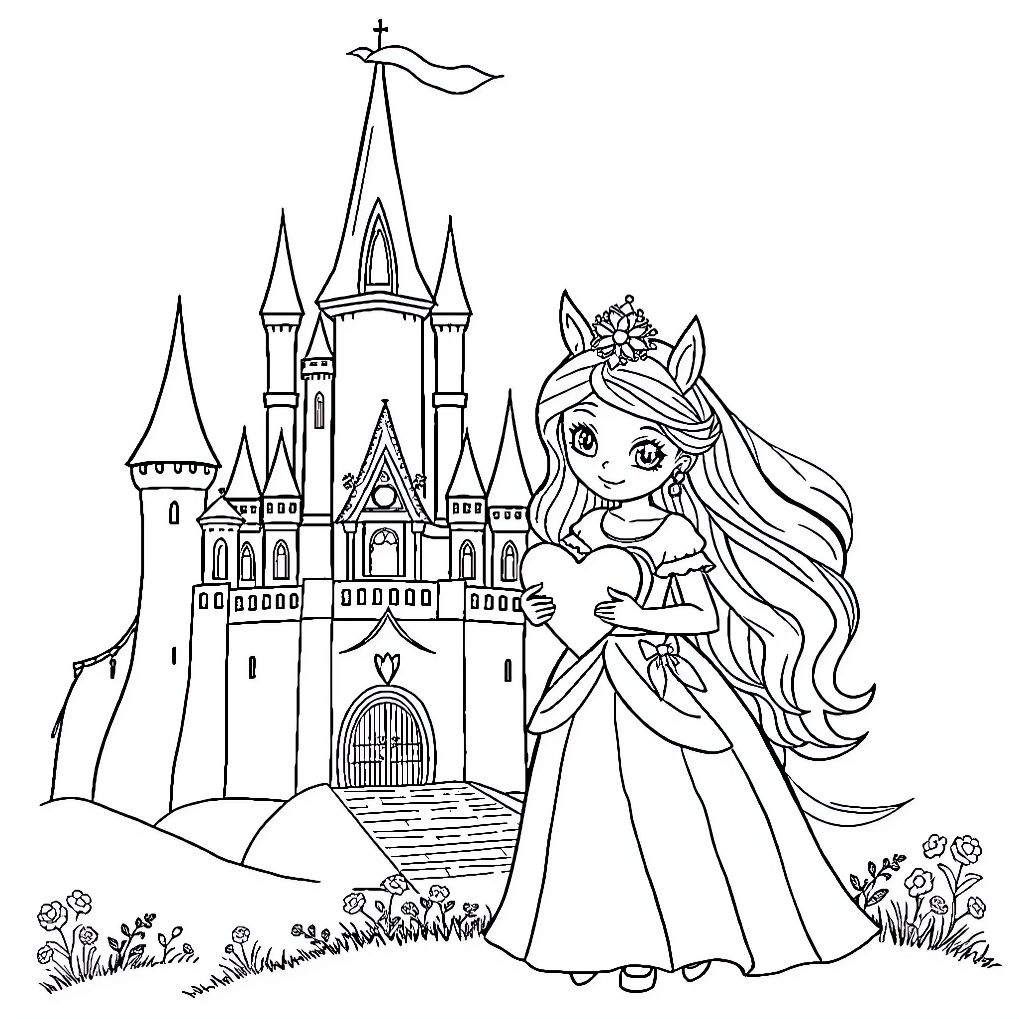 Princess Exploring Enchanted Castle Coloring Page (free black-and-white line drawing printable PDF for all, from beginners to advanced learners, including children, teens, adults, and seniors)