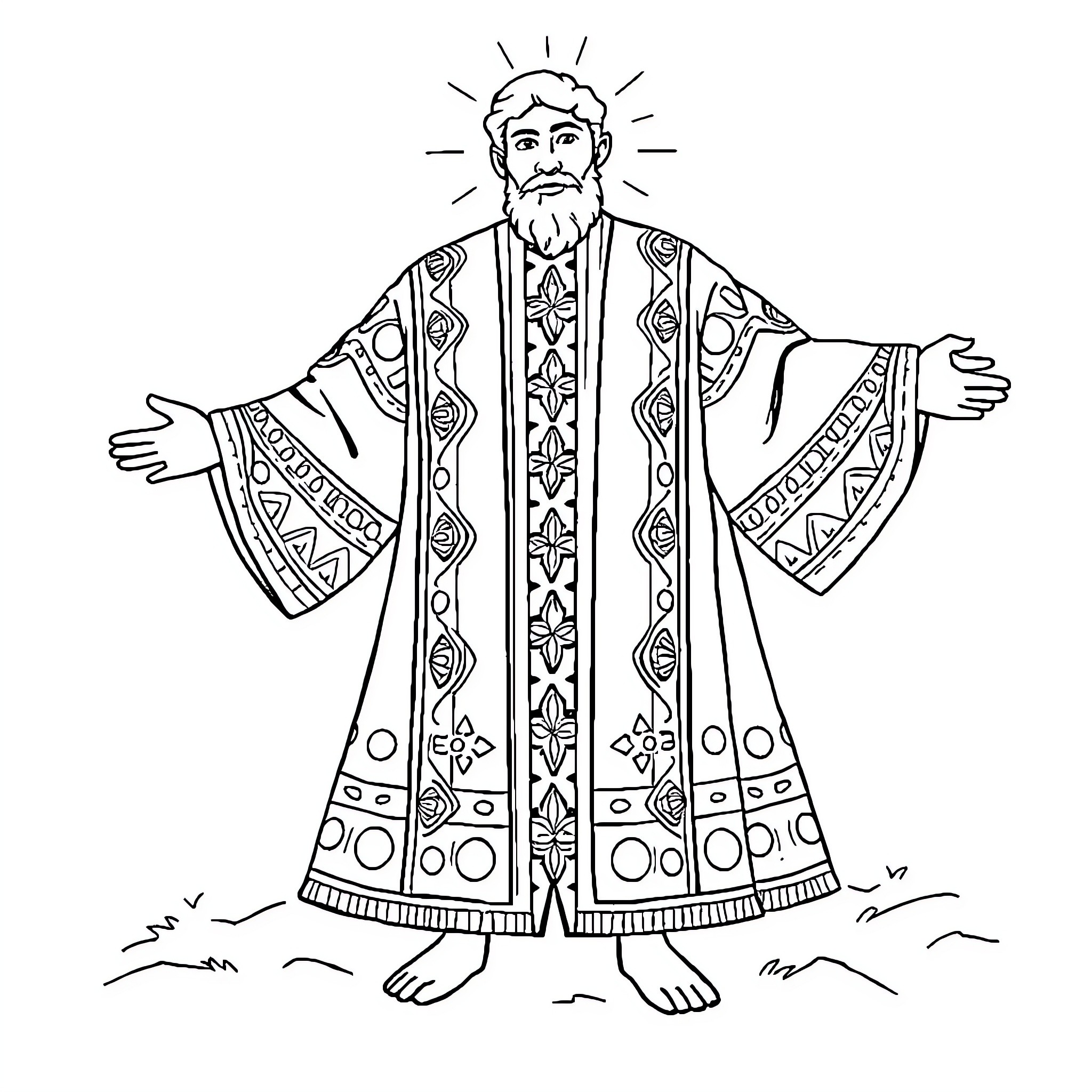 Joseph's Dream Coat with Ornate Robes and Gesturing Figure Coloring Page (free black-and-white line drawing printable PDF for all, from beginners to advanced learners, including children, teens, adults, and seniors)