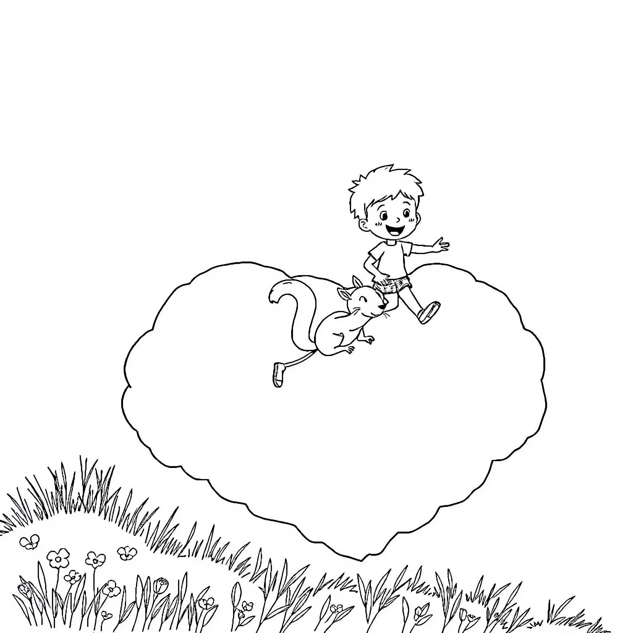 Kid playing happily with squirrel in the park Coloring Page (free black-and-white line drawing printable PDF for all, from beginners to advanced learners, including children, teens, adults, and seniors)