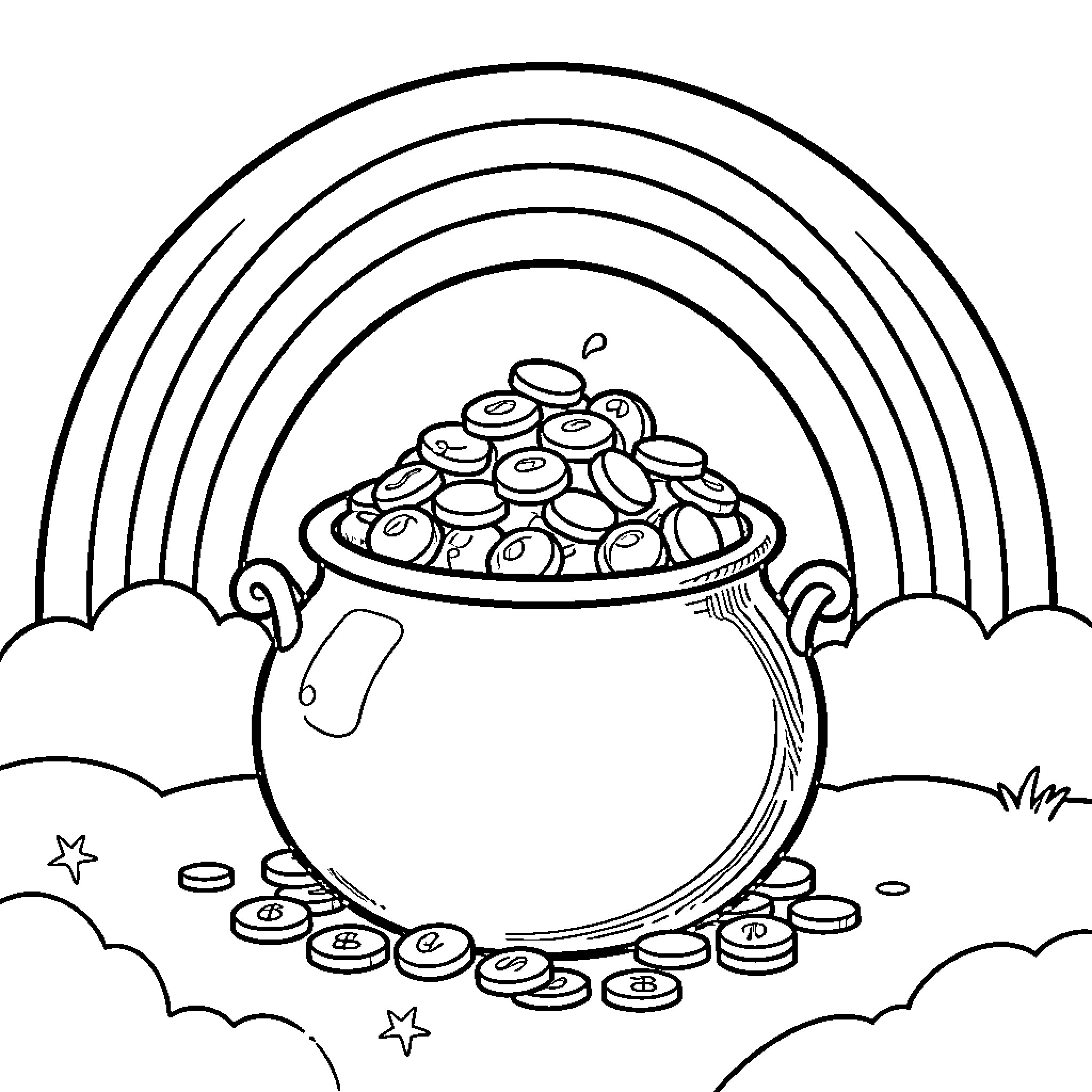 Pot of Gold overflowing with coins under rainbow Coloring Page (free black-and-white line drawing printable PDF for all, from beginners to advanced learners, including children, teens, adults, and seniors)
