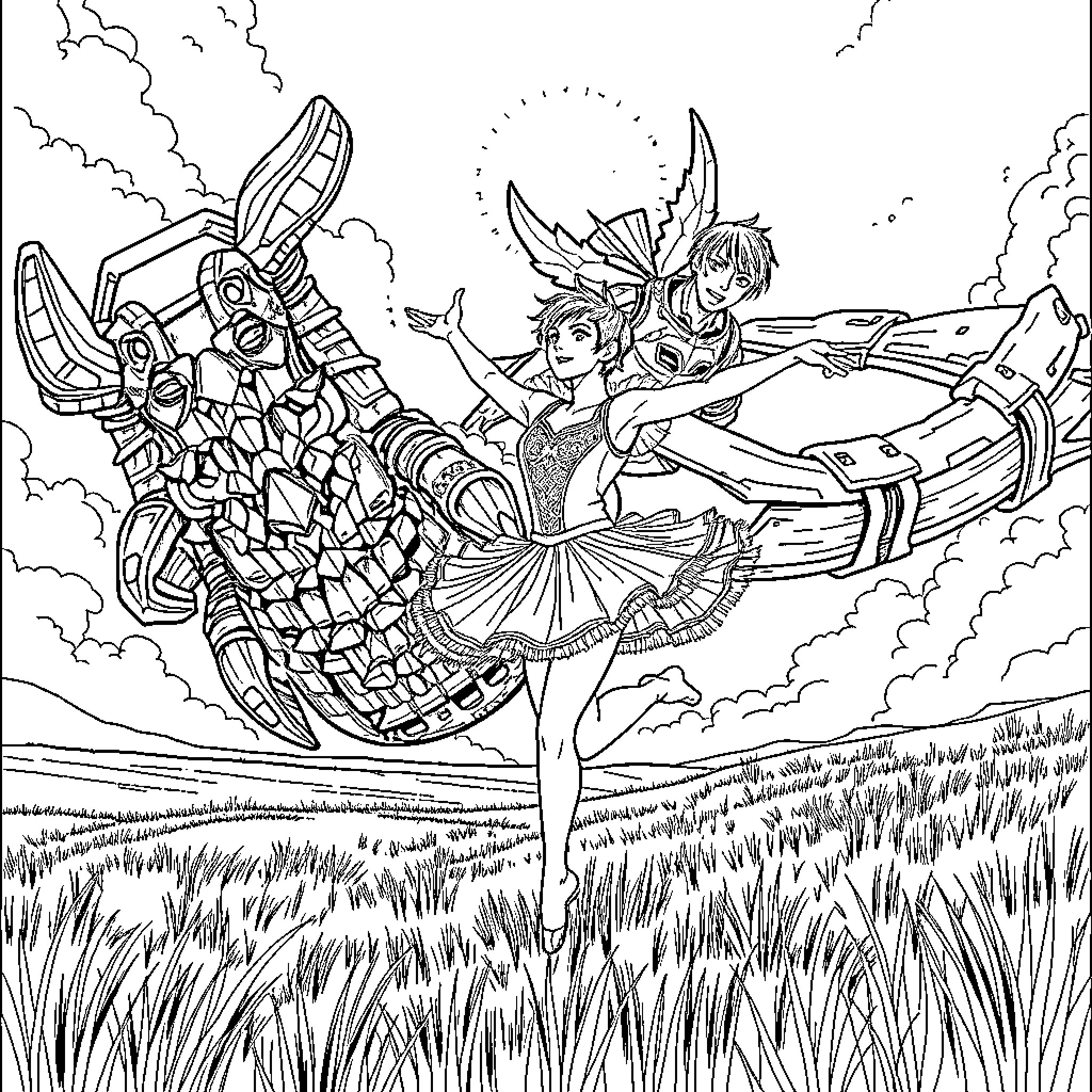 Eren Jaeger's Heroic Battle Amidst Fantastical Landscapes Coloring Page (free black-and-white line drawing printable PDF for all, from beginners to advanced learners, including children, teens, adults, and seniors)