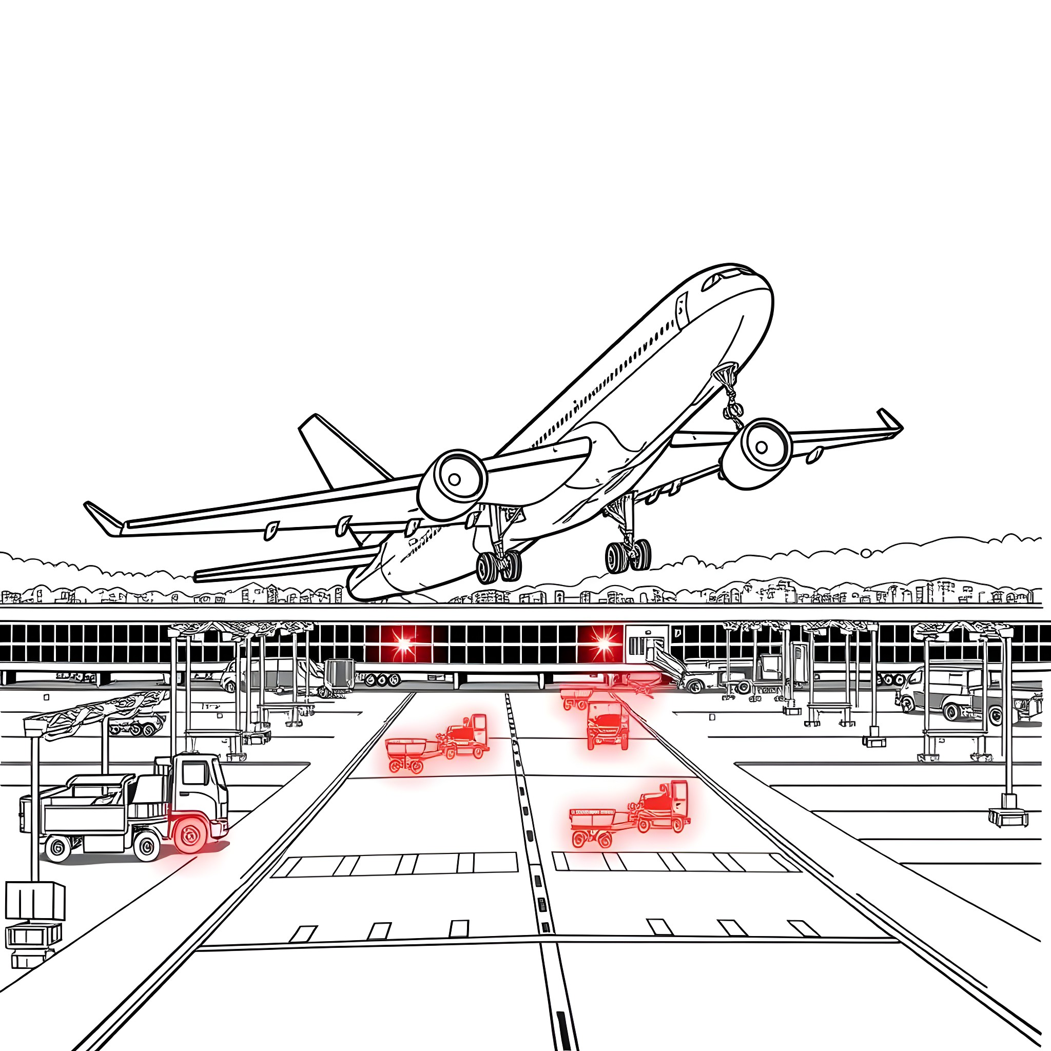Md-11 aircraft taking off from airport runway Coloring Page (free black-and-white line drawing printable PDF for all, from beginners to advanced learners, including children, teens, adults, and seniors)