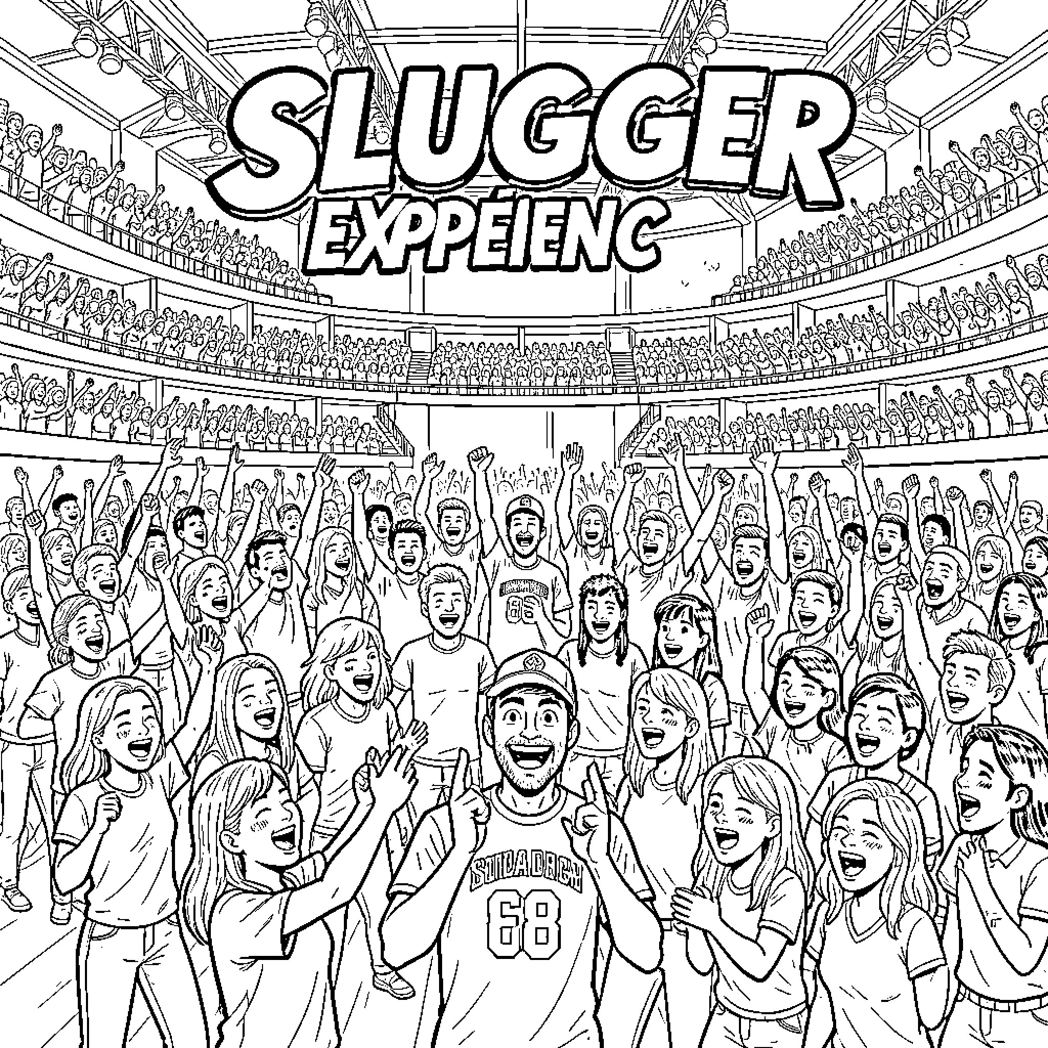 Slugger cheering enthusiastically in a crowded stadium Coloring Page (free black-and-white line drawing printable PDF for all, from beginners to advanced learners, including children, teens, adults, and seniors)