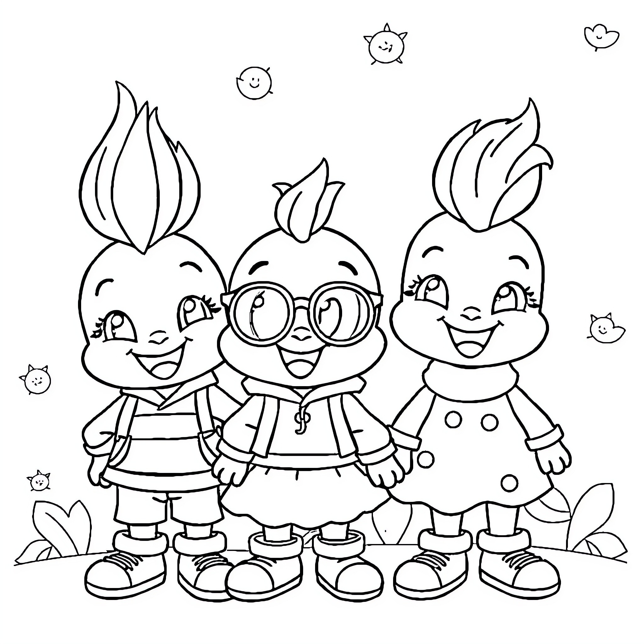 Sprunki friends enjoying a sunny day Coloring Page (free black-and-white line drawing printable PDF for all, from beginners to advanced learners, including children, teens, adults, and seniors)