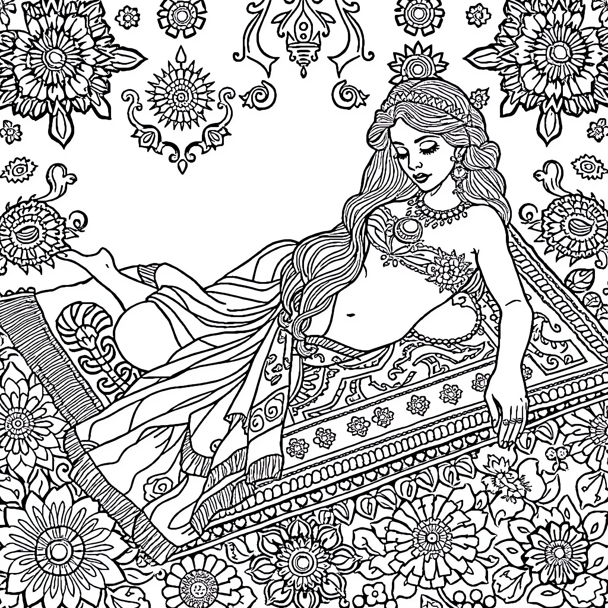 Odalisque Reclining Amidst Ornate Floral Patterns Coloring Page (free black-and-white line drawing printable PDF for all, from beginners to advanced learners, including children, teens, adults, and seniors)