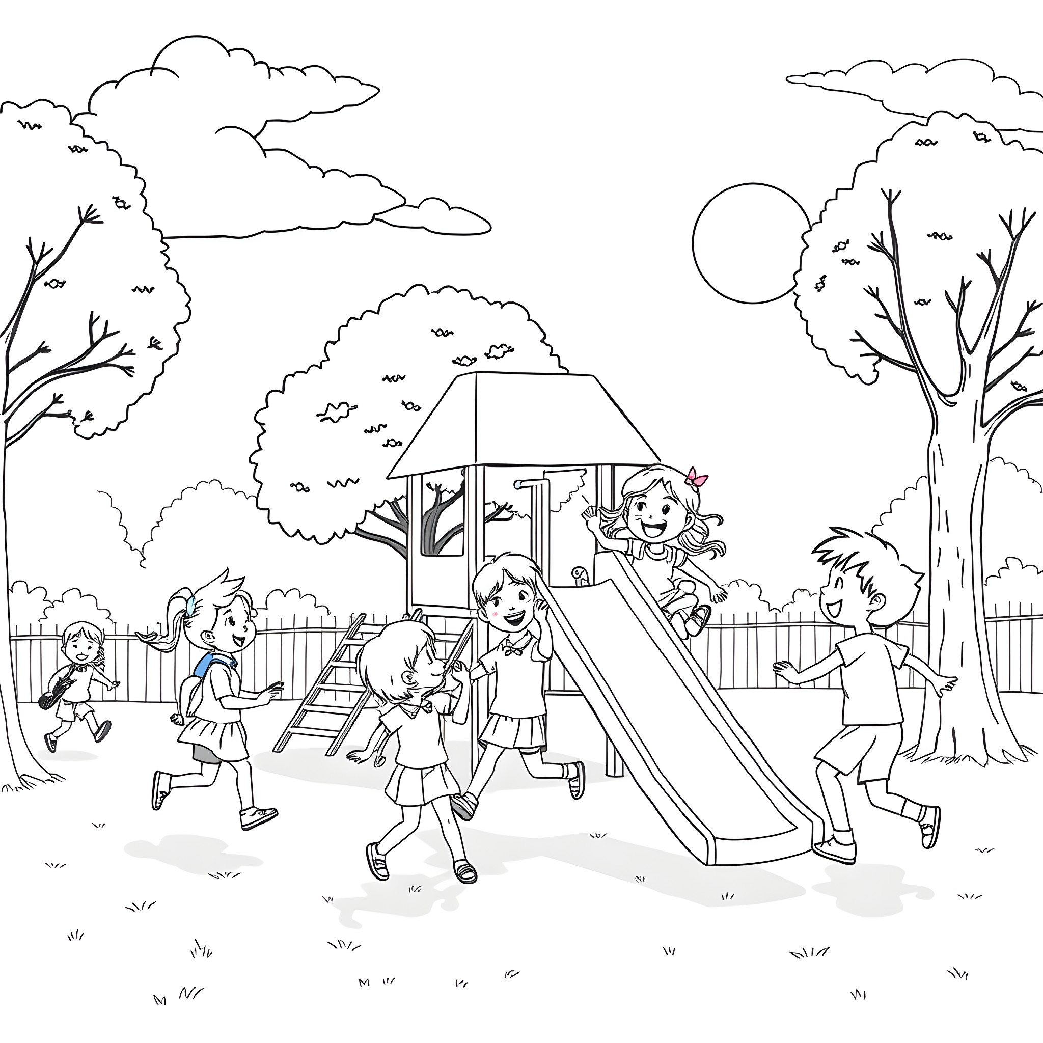 Kid playing happily on the playground with friends Coloring Page (free black-and-white line drawing printable PDF for all, from beginners to advanced learners, including children, teens, adults, and seniors)