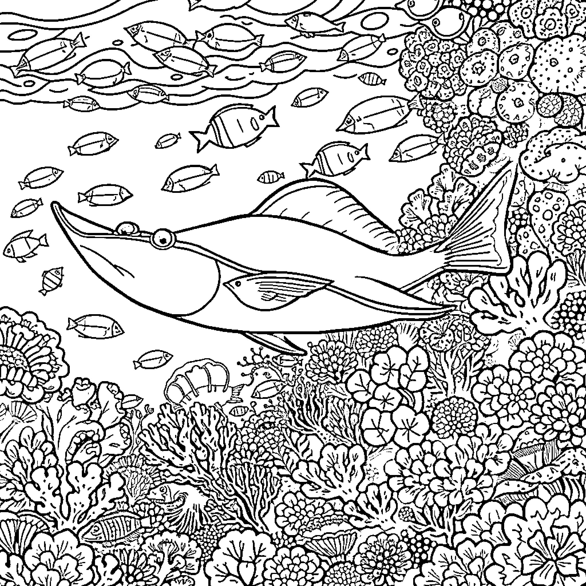 Fish swimming through vibrant coral reef Coloring Page (free black-and-white line drawing printable PDF for all, from beginners to advanced learners, including children, teens, adults, and seniors)