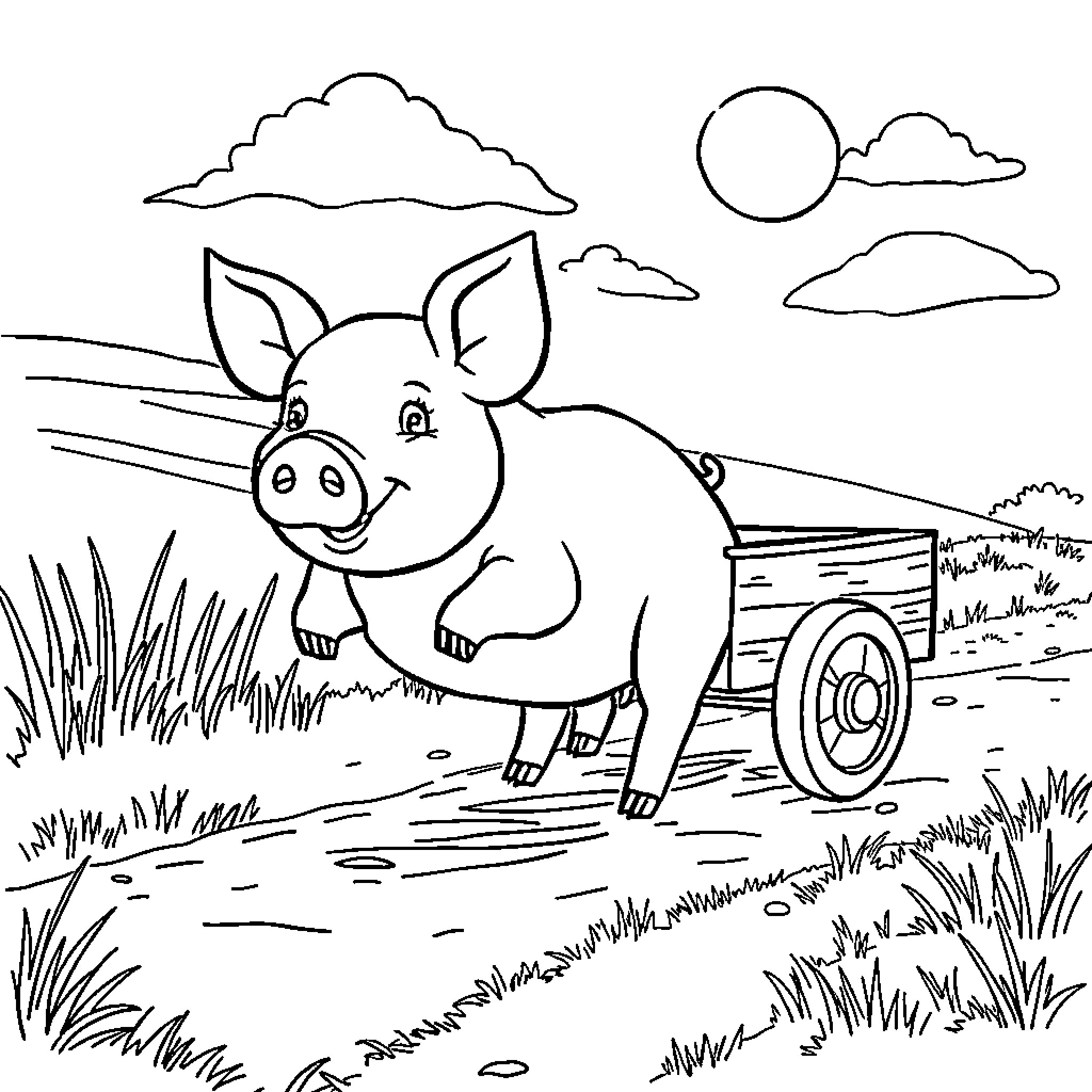 Pig in a pastoral scene with clouds and sun Coloring Page (free black-and-white line drawing printable PDF for all, from beginners to advanced learners, including children, teens, adults, and seniors)