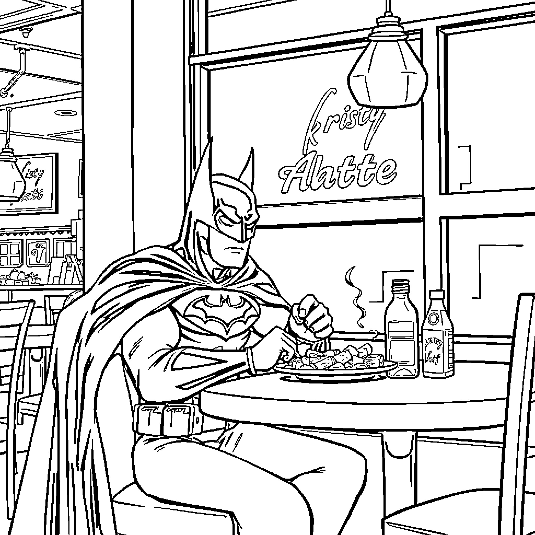 Batman Enjoying a Casual Meal at Gotham Cafe Coloring Page (free black-and-white line drawing printable PDF for all, from beginners to advanced learners, including children, teens, adults, and seniors)