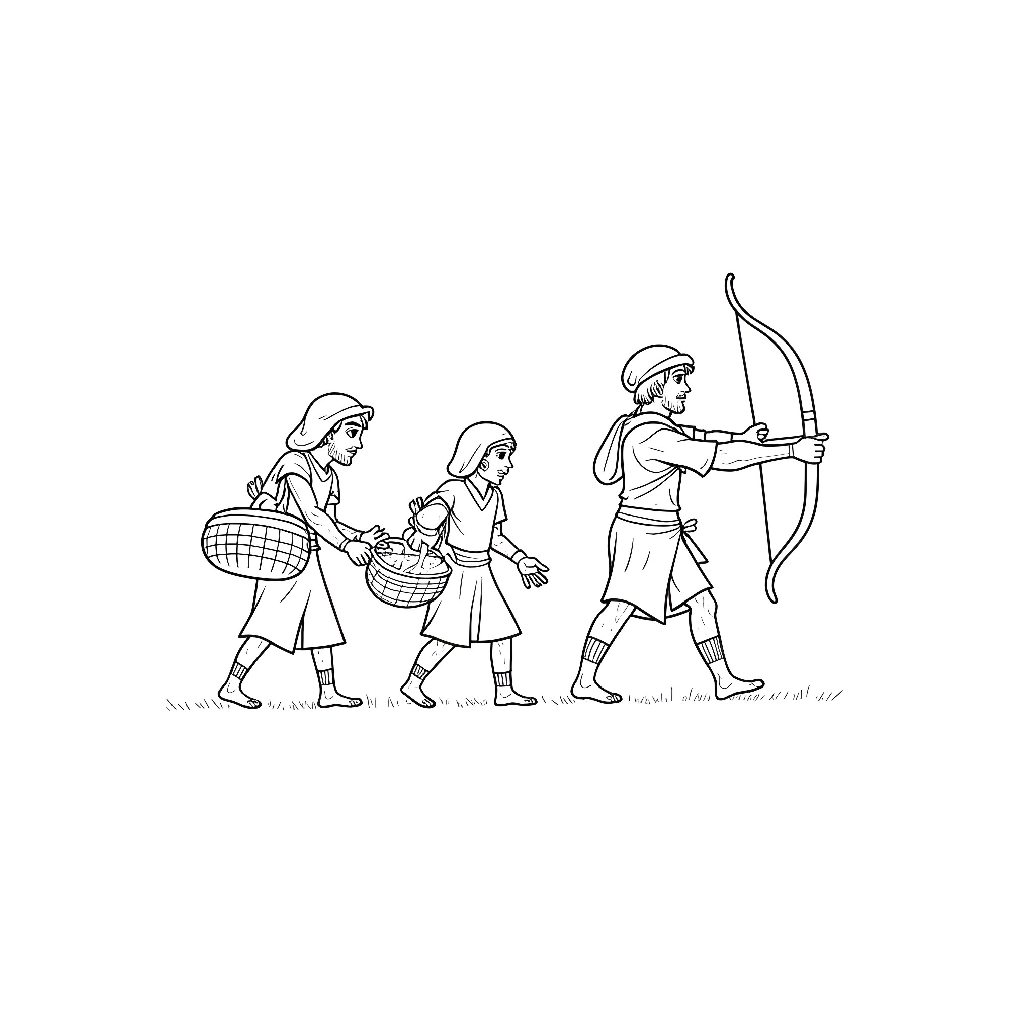 Hunter Gathering and Archery in a Meadow Coloring Page (free black-and-white line drawing printable PDF for all, from beginners to advanced learners, including children, teens, adults, and seniors)