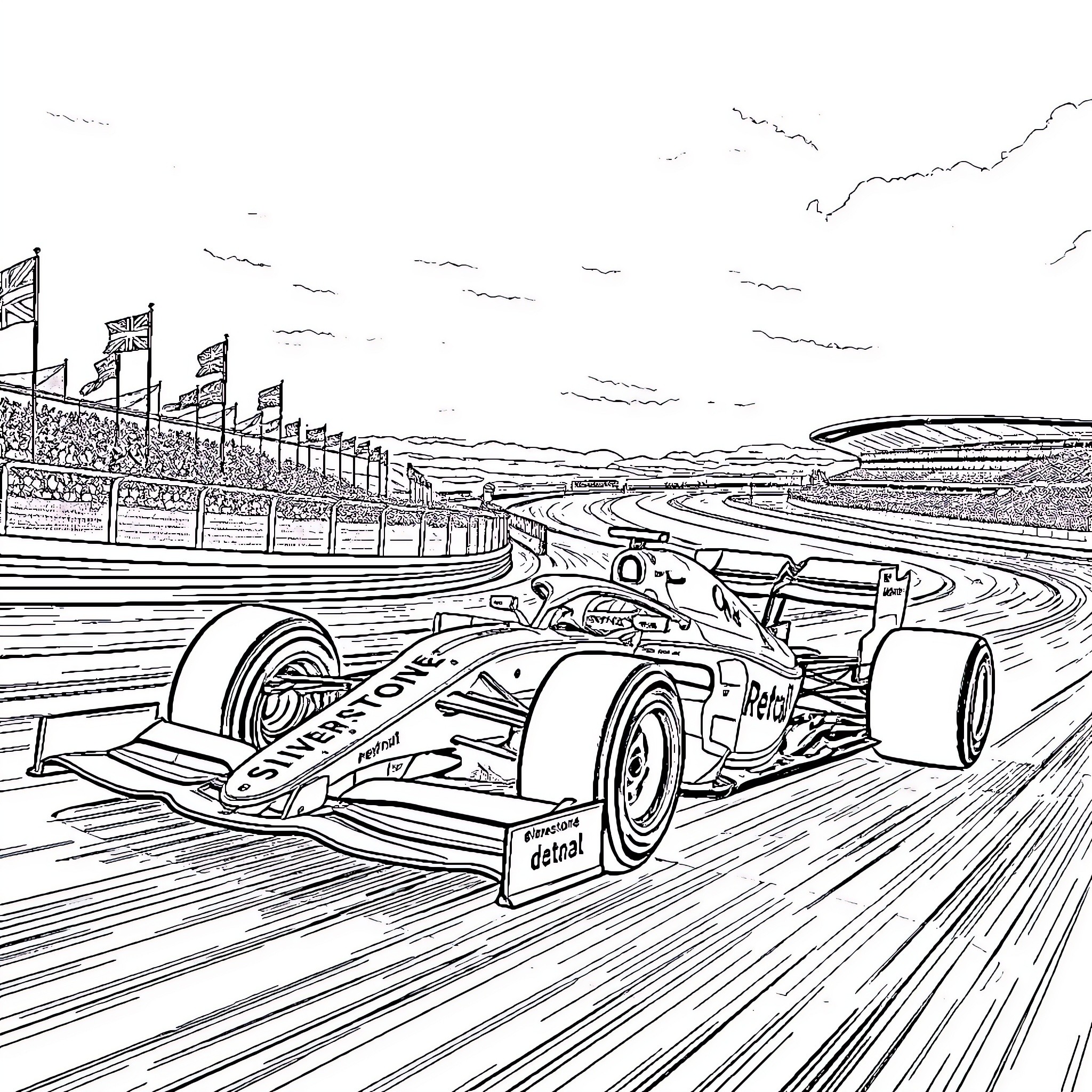 Formula 1 Car Racing on Track Coloring Page (free black-and-white line drawing printable PDF for all, from beginners to advanced learners, including children, teens, adults, and seniors)