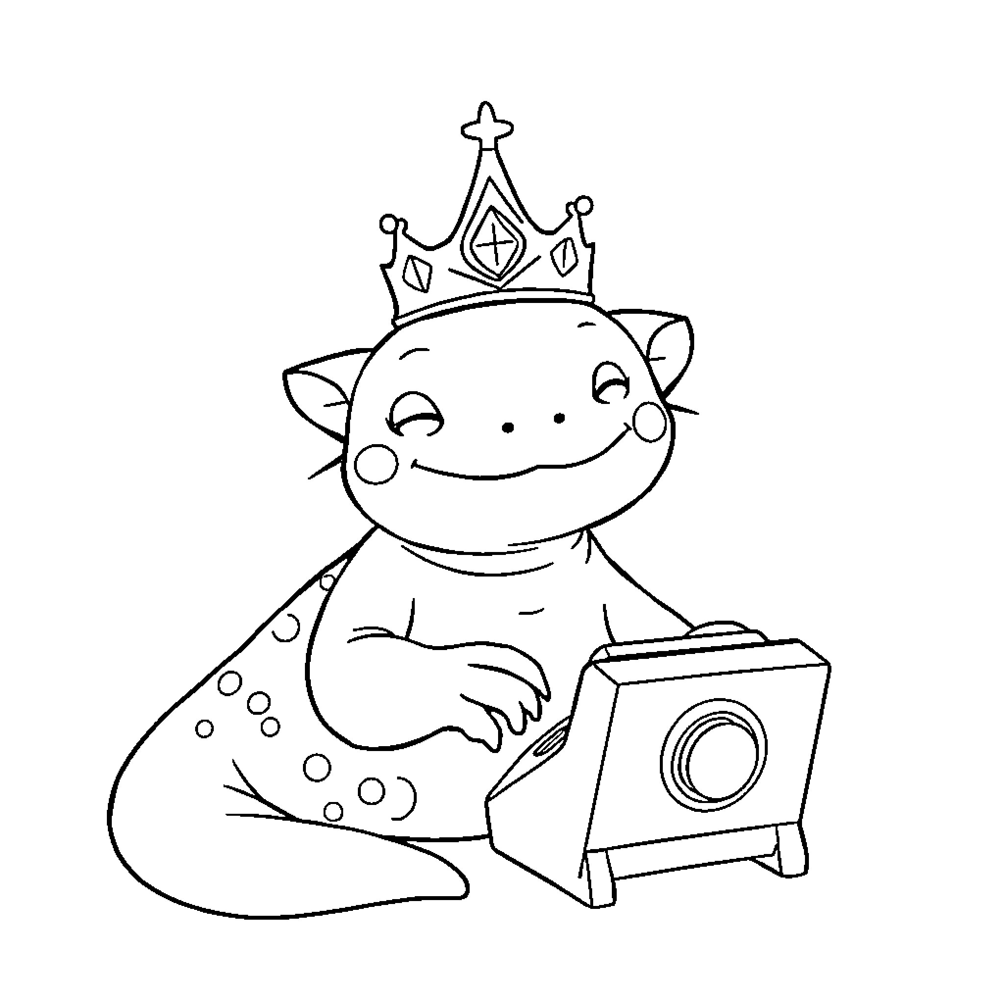 Axolotl playing with a camera while wearing a crown Coloring Page (free black-and-white line drawing printable PDF for all, from beginners to advanced learners, including children, teens, adults, and seniors)
