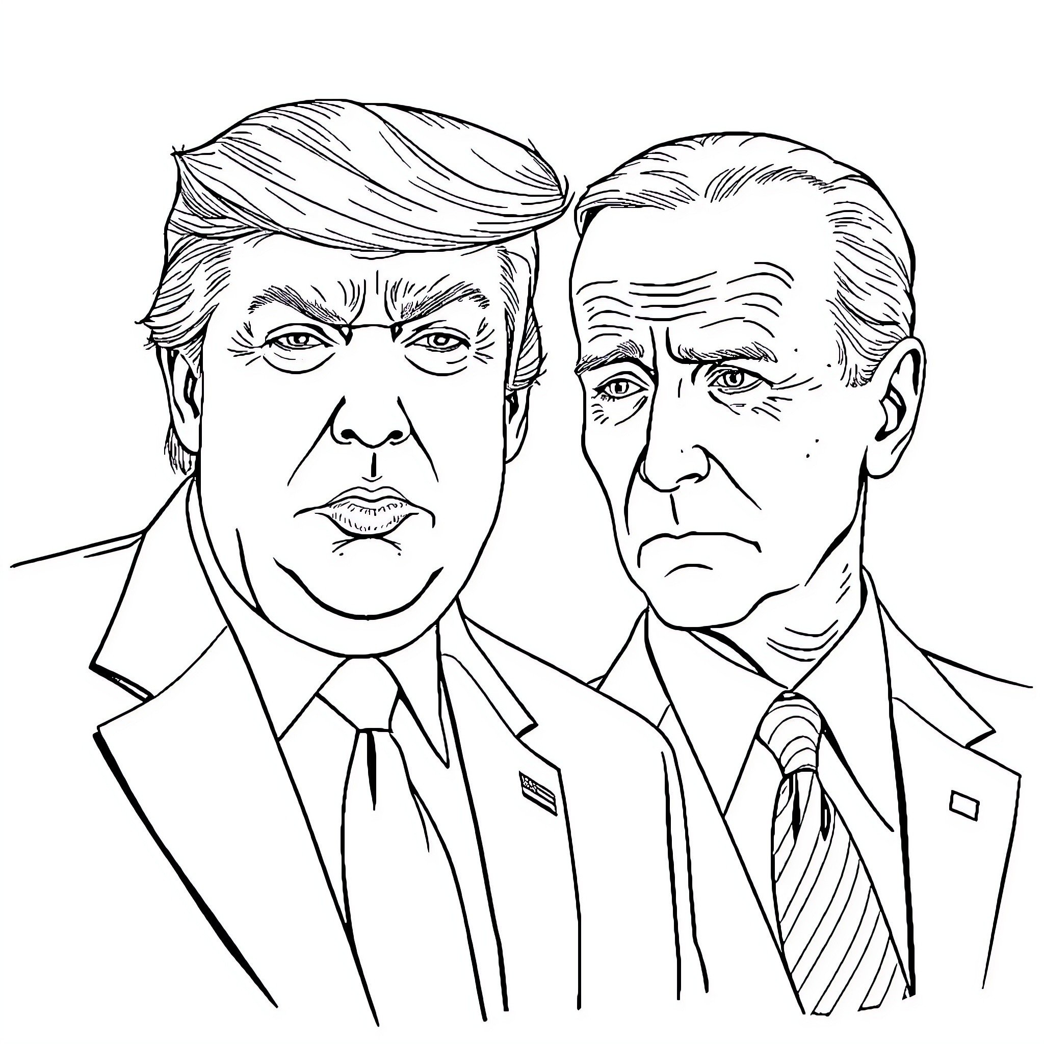 Trump's Contrasting Expressions with Political Opponent Coloring Page (free black-and-white line drawing printable PDF for all, from beginners to advanced learners, including children, teens, adults, and seniors)