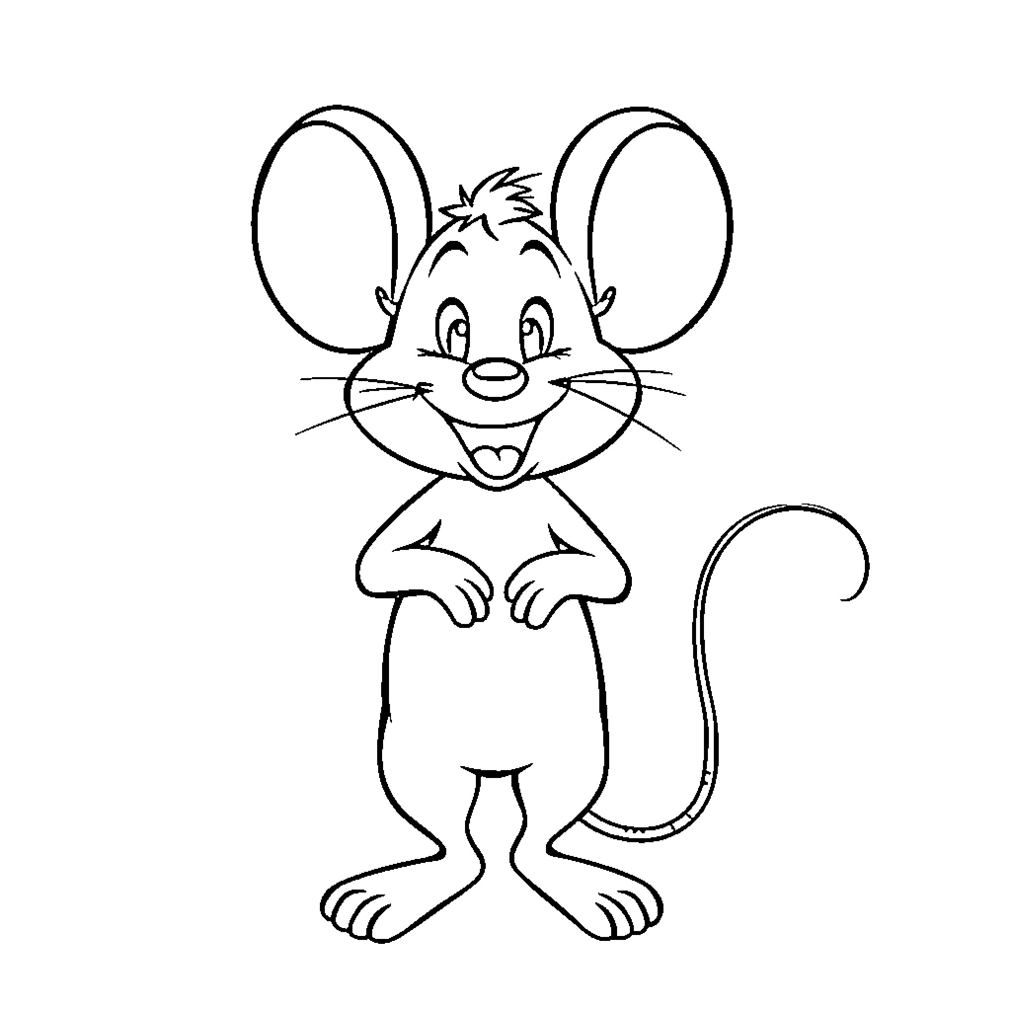 Mouse cheerfully posing with big ears Coloring Page (free black-and-white line drawing printable PDF for all, from beginners to advanced learners, including children, teens, adults, and seniors)