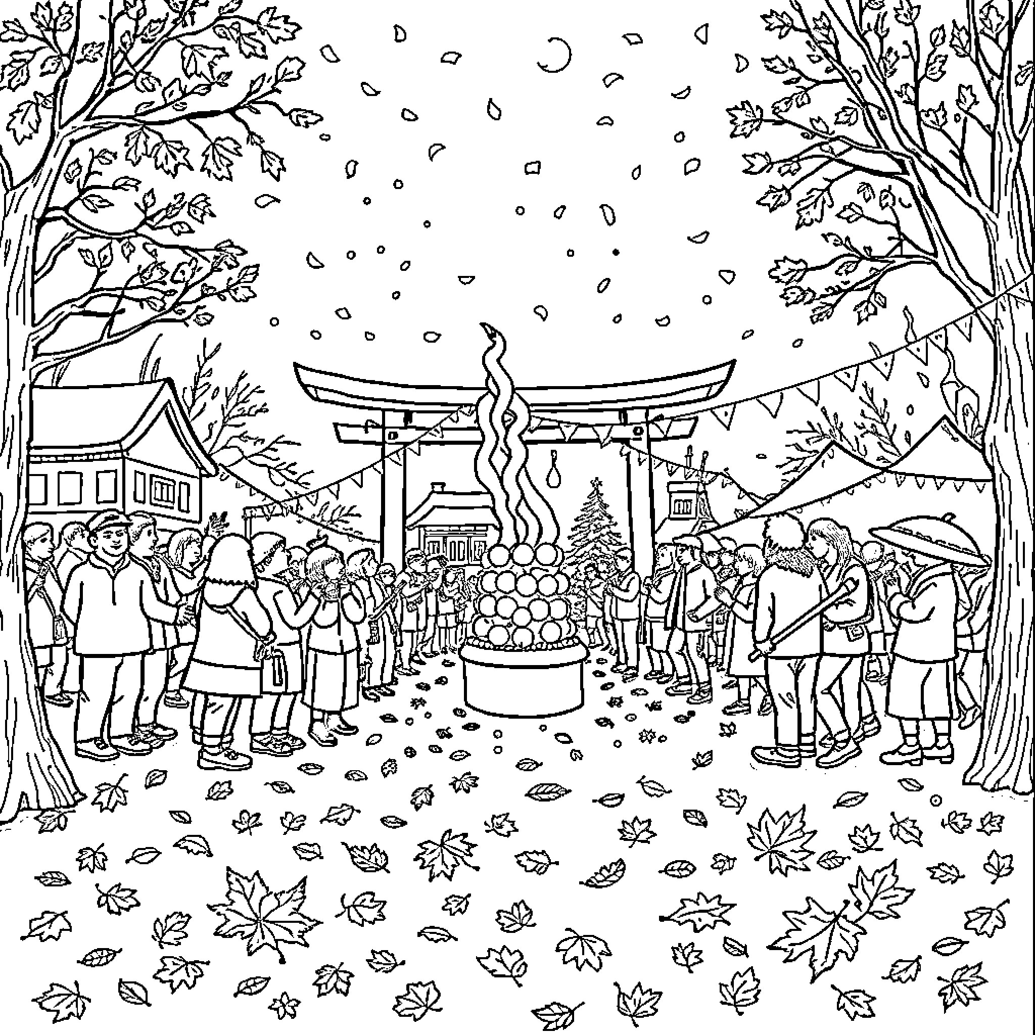 Beacon of Autumn Celebration in the Park Coloring Page (free black-and-white line drawing printable PDF for all, from beginners to advanced learners, including children, teens, adults, and seniors)