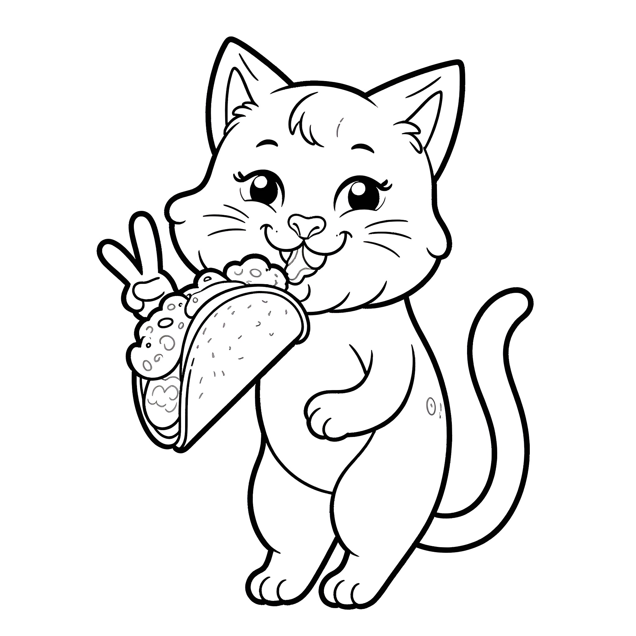 Cat happily holding a taco Coloring Page (free black-and-white line drawing printable PDF for all, from beginners to advanced learners, including children, teens, adults, and seniors)