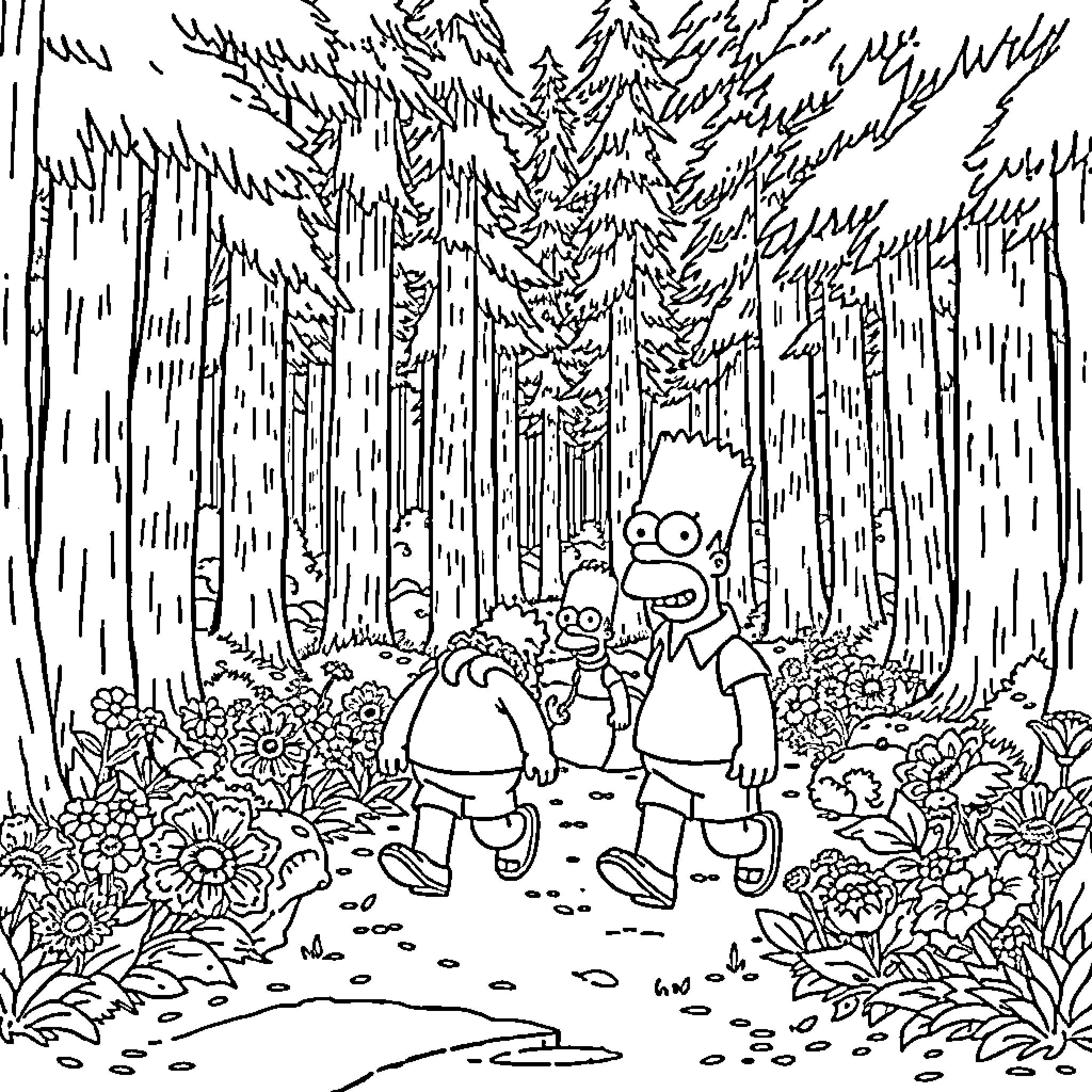Homer Simpson and family in a mysterious forest Coloring Page (free black-and-white line drawing printable PDF for all, from beginners to advanced learners, including children, teens, adults, and seniors)