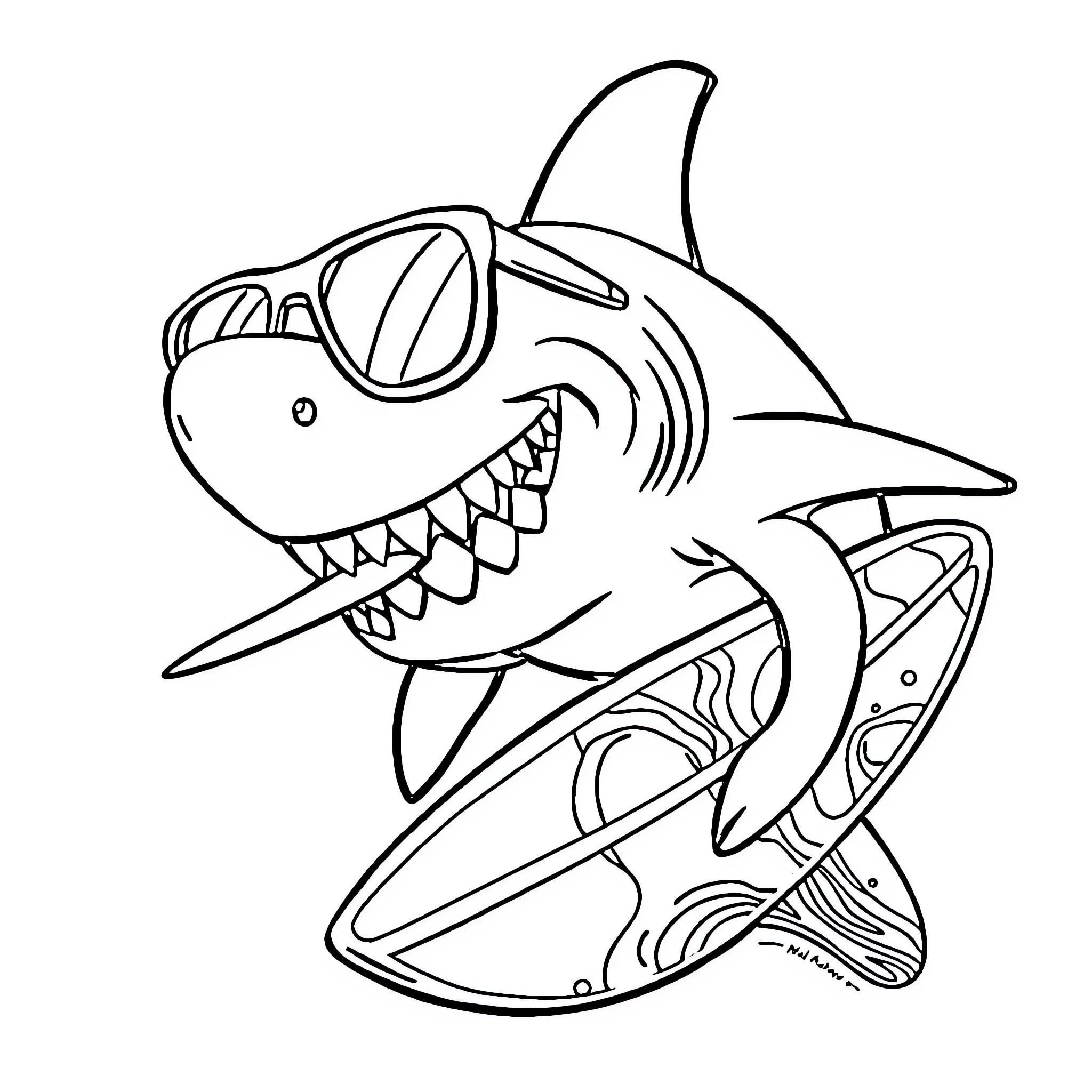 Shark sporting sunglasses and cheerful expression Coloring Page (free black-and-white line drawing printable PDF for all, from beginners to advanced learners, including children, teens, adults, and seniors)