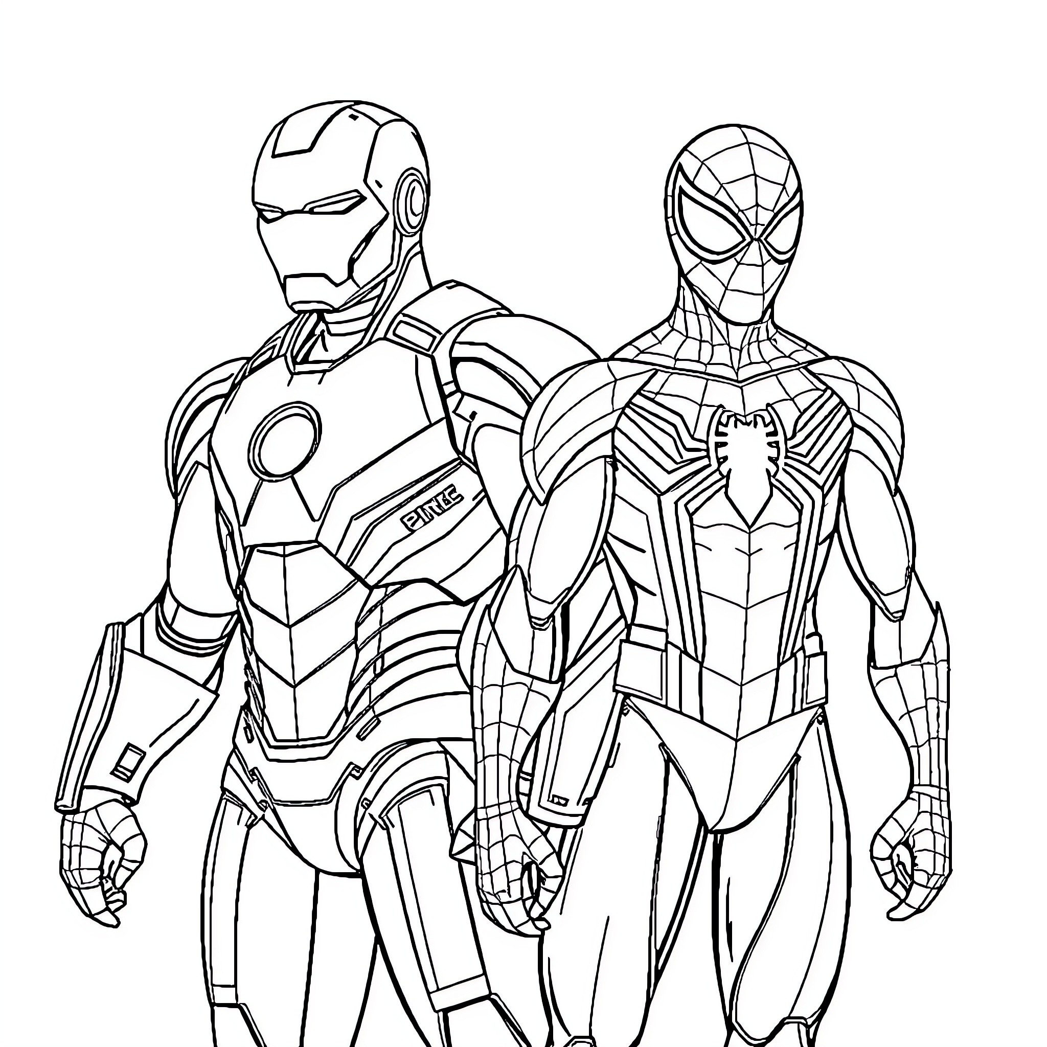 Ironman and Spiderman Superheroes in Action Coloring Page (free black-and-white line drawing printable PDF for all, from beginners to advanced learners, including children, teens, adults, and seniors)