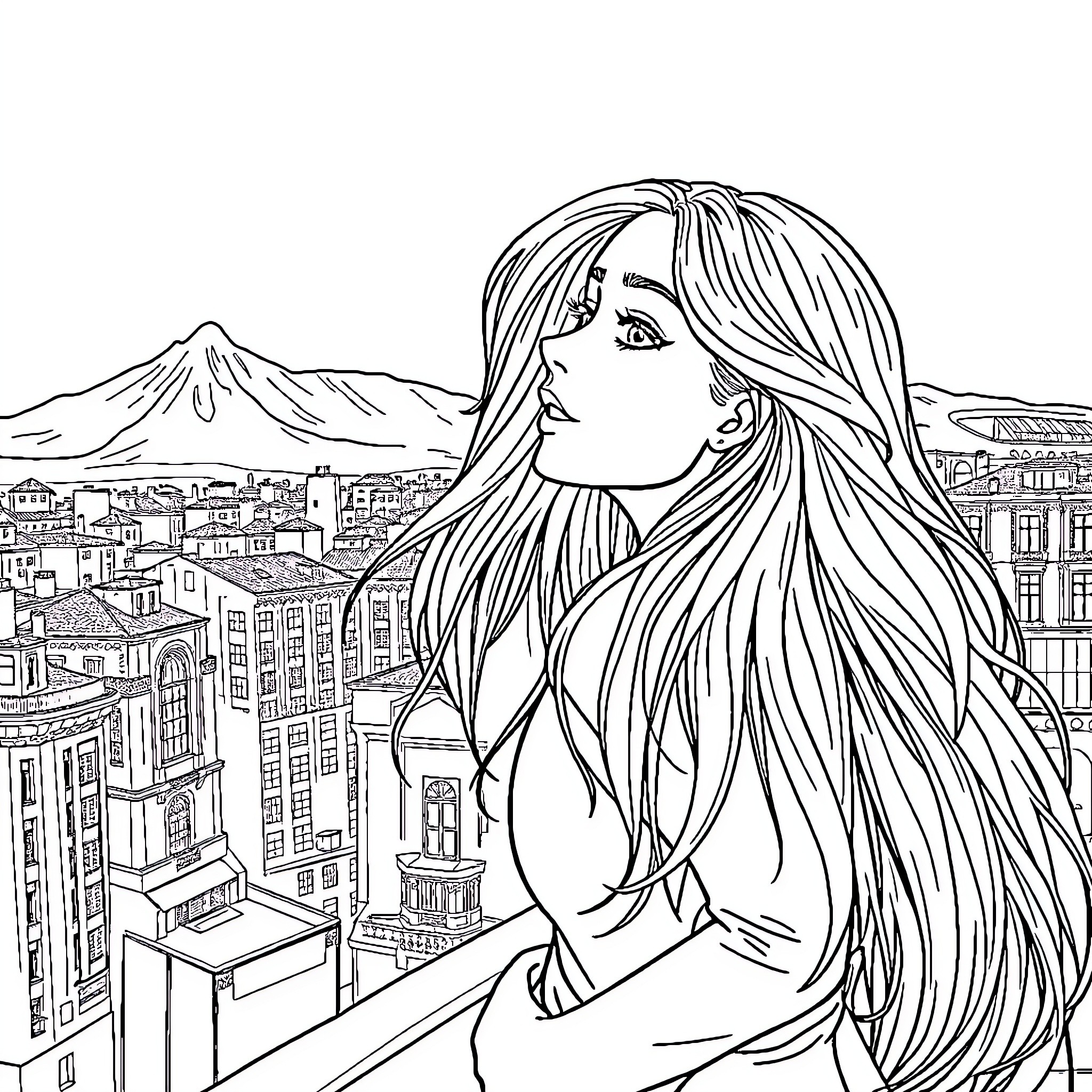 Rapunzel gazing out over the city skyline Coloring Page (free black-and-white line drawing printable PDF for all, from beginners to advanced learners, including children, teens, adults, and seniors)