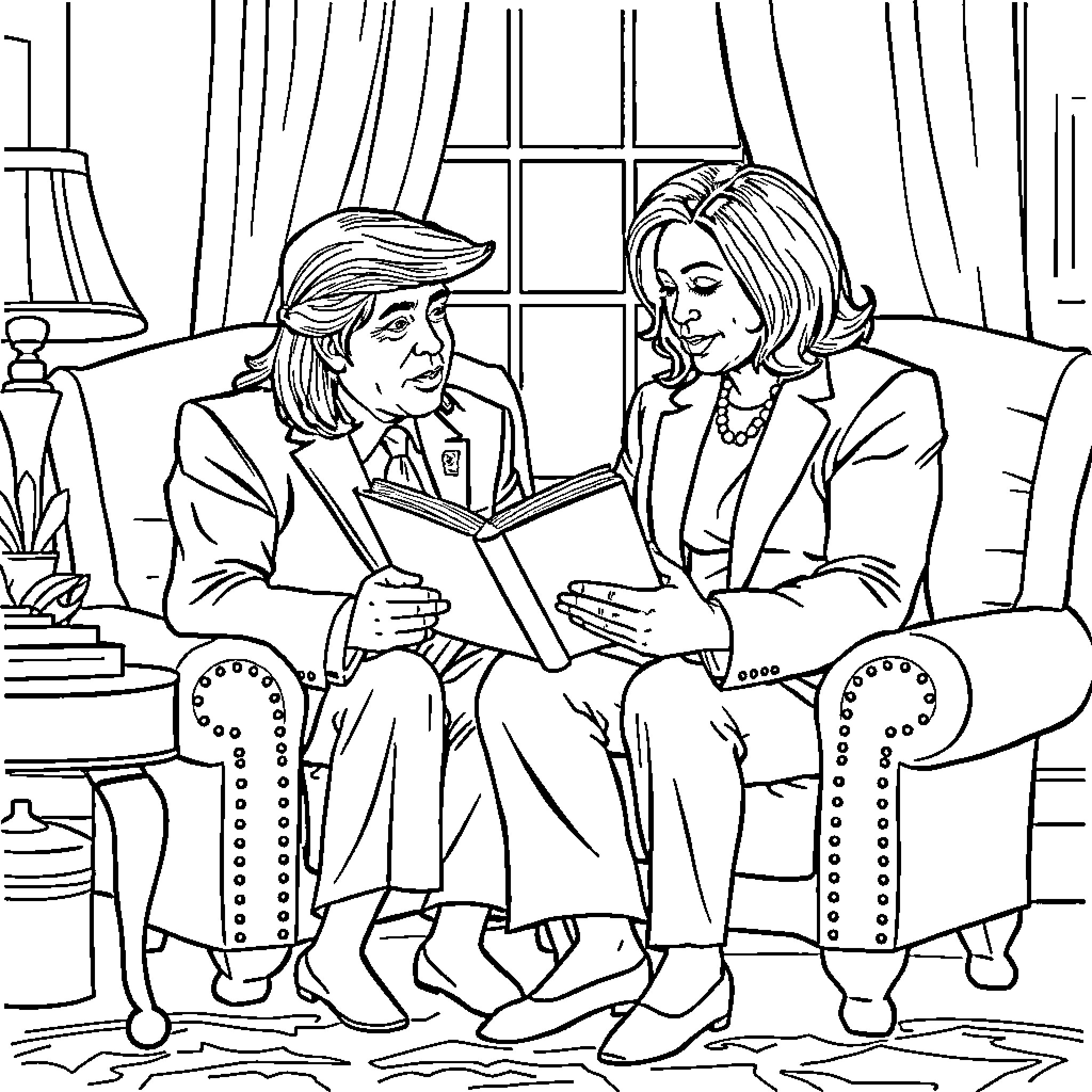 Trump engrossed in conversation with political associate Coloring Page (free black-and-white line drawing printable PDF for all, from beginners to advanced learners, including children, teens, adults, and seniors)