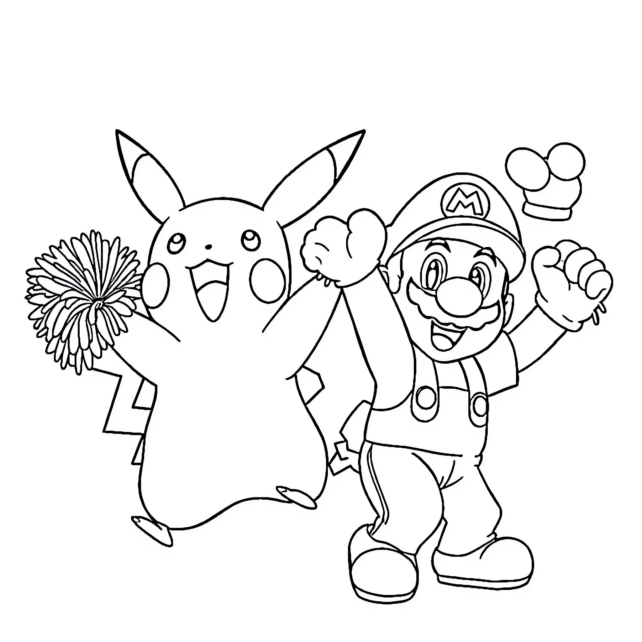 Pikachu and Mario in a happy scene Coloring Page (free black-and-white line drawing printable PDF for all, from beginners to advanced learners, including children, teens, adults, and seniors)