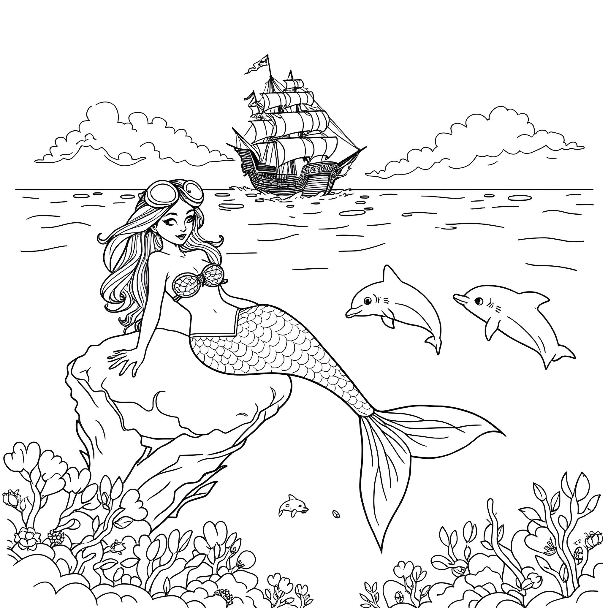 Mermaid swimming with dolphins and ships in the sea Coloring Page (free black-and-white line drawing printable PDF for all, from beginners to advanced learners, including children, teens, adults, and seniors)