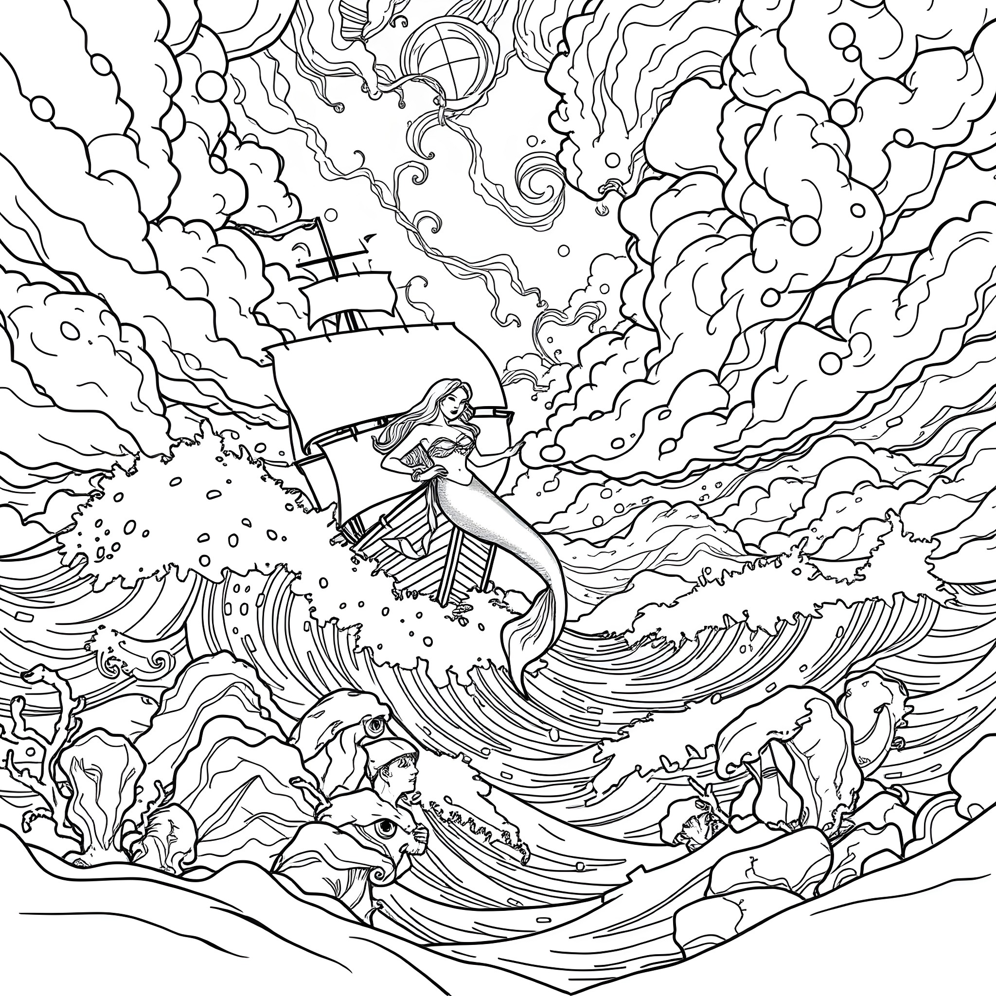 Mermaid surfing dangerous waves amidst stormy seas Coloring Page (free black-and-white line drawing printable PDF for all, from beginners to advanced learners, including children, teens, adults, and seniors)