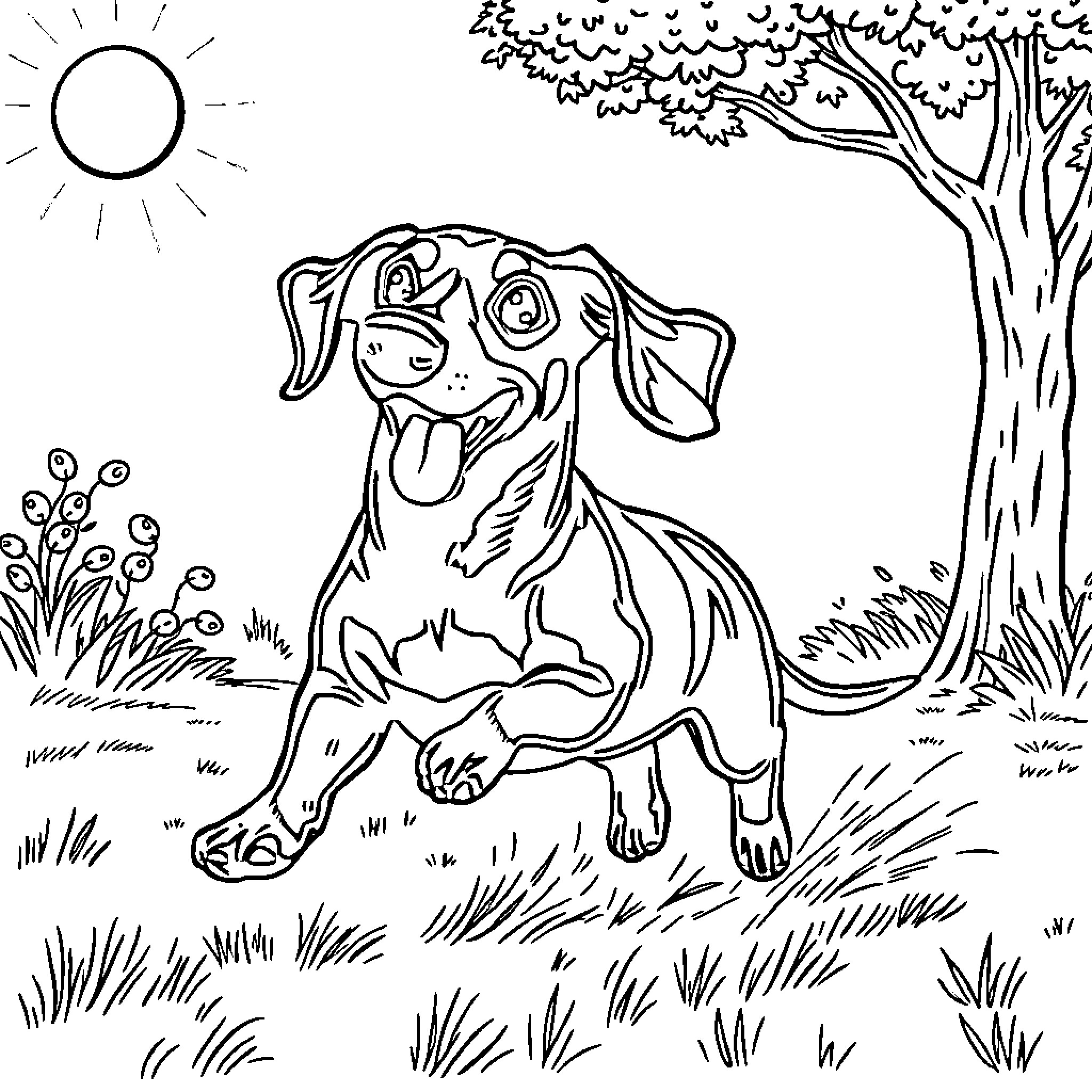 Dachshund enjoying the outdoors Coloring Page (free black-and-white line drawing printable PDF for all, from beginners to advanced learners, including children, teens, adults, and seniors)