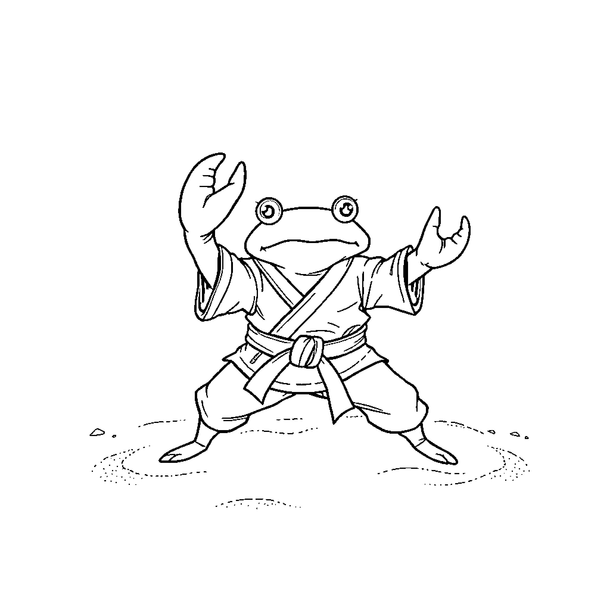 Crab practicing martial arts in a dojo Coloring Page (free black-and-white line drawing printable PDF for all, from beginners to advanced learners, including children, teens, adults, and seniors)