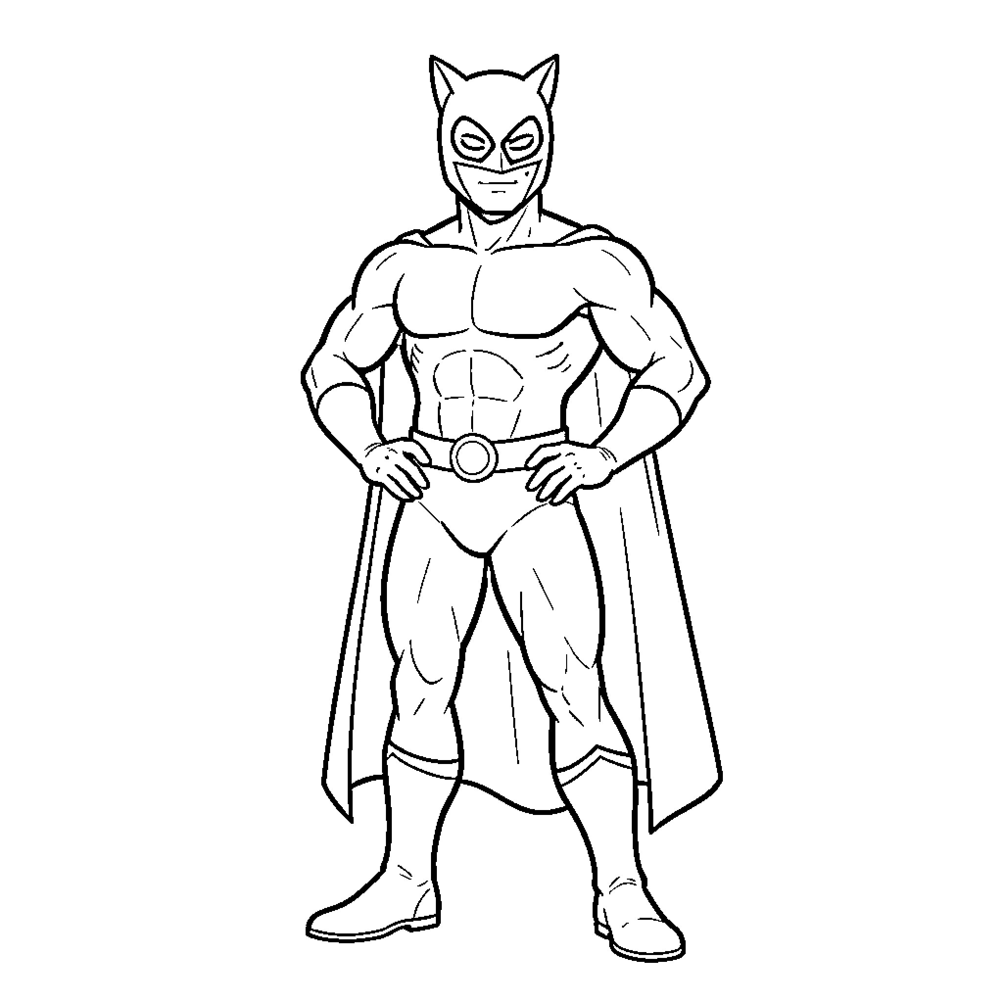 Catman standing confidently in heroic pose Coloring Page (free black-and-white line drawing printable PDF for all, from beginners to advanced learners, including children, teens, adults, and seniors)