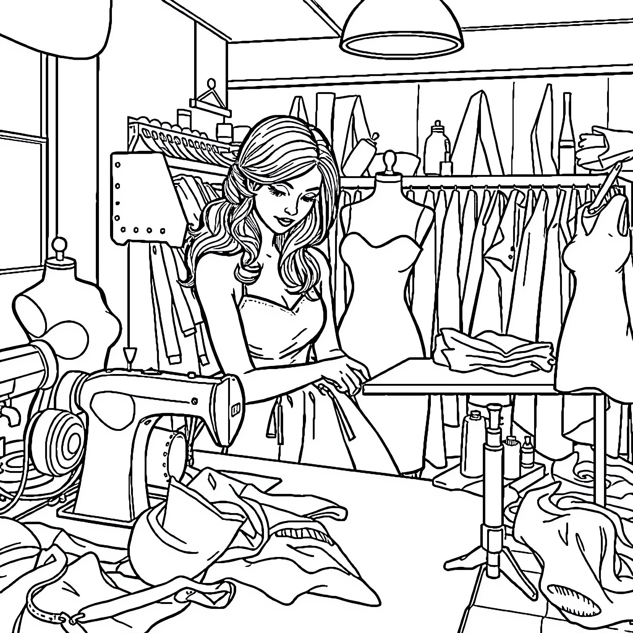 Couturière at work in her studio Coloring Page (free black-and-white line drawing printable PDF for all, from beginners to advanced learners, including children, teens, adults, and seniors)