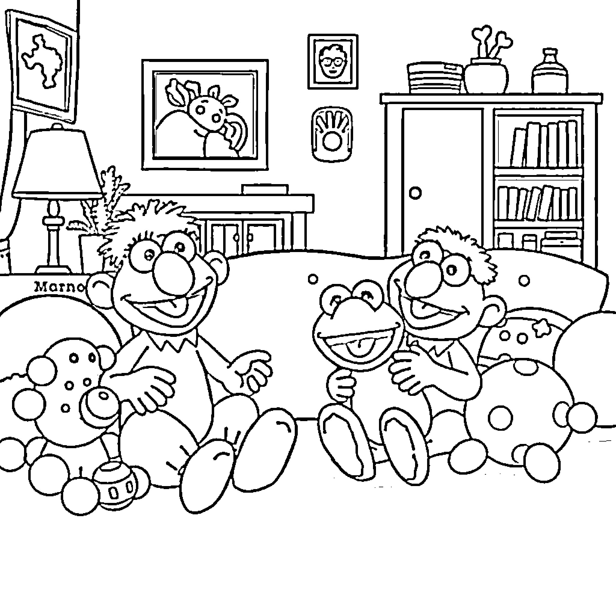 Muppets enjoying a cozy indoor scene Coloring Page (free black-and-white line drawing printable PDF for all, from beginners to advanced learners, including children, teens, adults, and seniors)