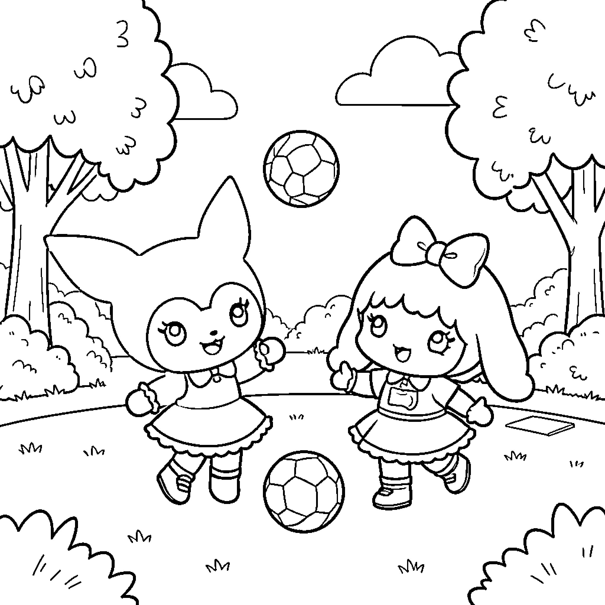 Kuromi and friends playing with soccer ball in the park Coloring Page (free black-and-white line drawing printable PDF for all, from beginners to advanced learners, including children, teens, adults, and seniors)