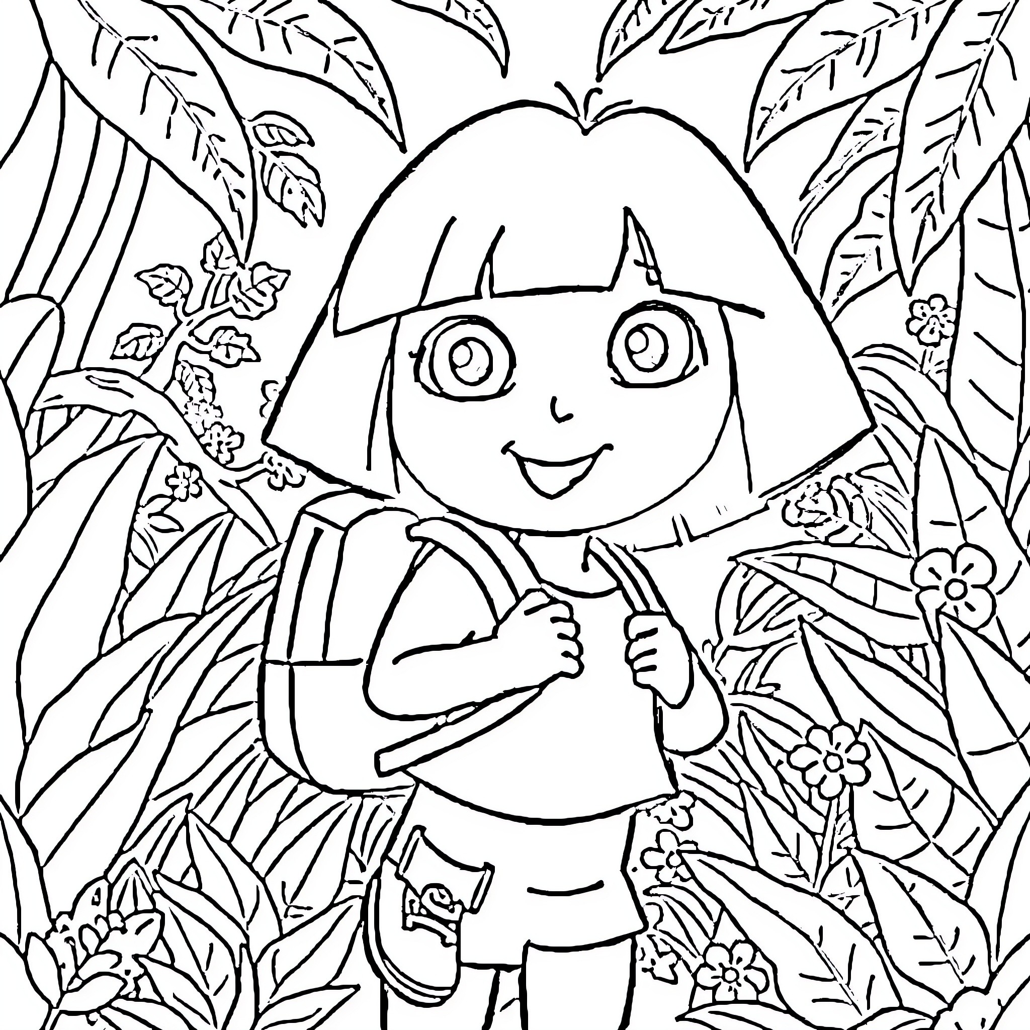 Dora's Jungle Adventure Coloring Page (free black-and-white line drawing printable PDF for all, from beginners to advanced learners, including children, teens, adults, and seniors)