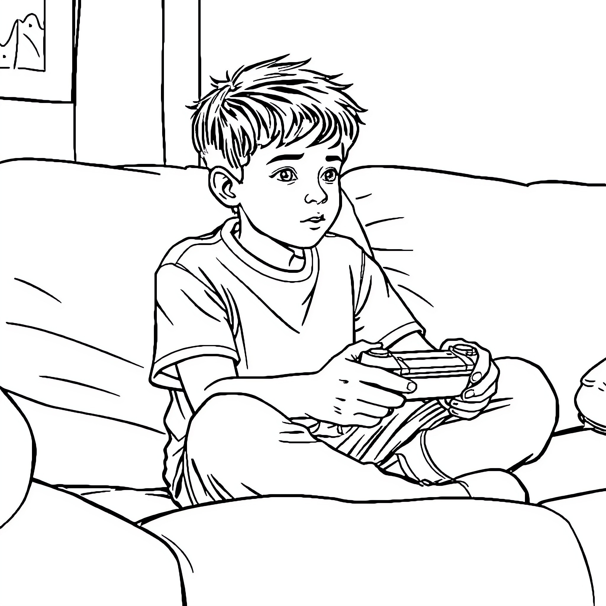 Boy playing video game on the couch Coloring Page (free black-and-white line drawing printable PDF for all, from beginners to advanced learners, including children, teens, adults, and seniors)