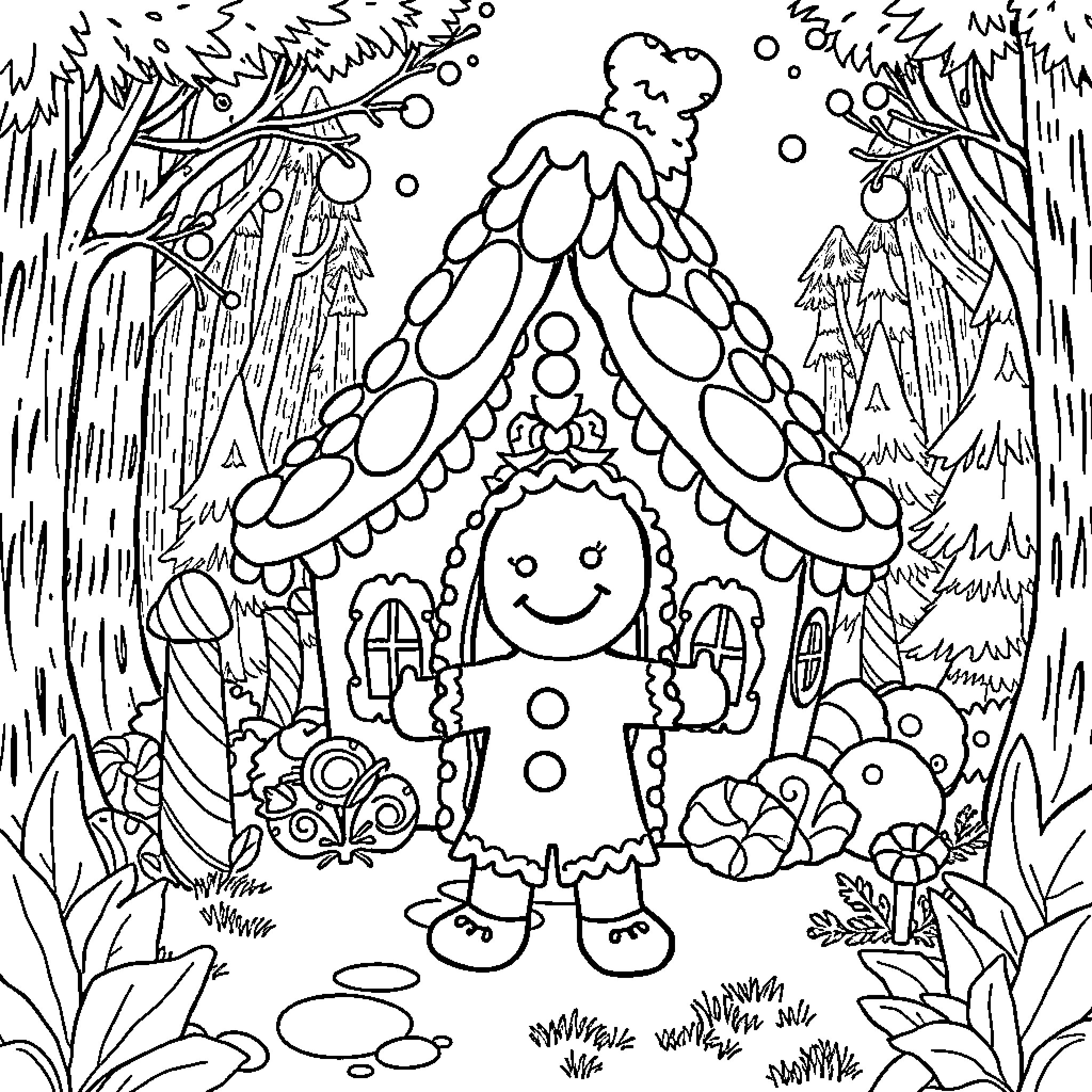 Gingerbread Man in a whimsical fairy tale landscape Coloring Page (free black-and-white line drawing printable PDF for all, from beginners to advanced learners, including children, teens, adults, and seniors)