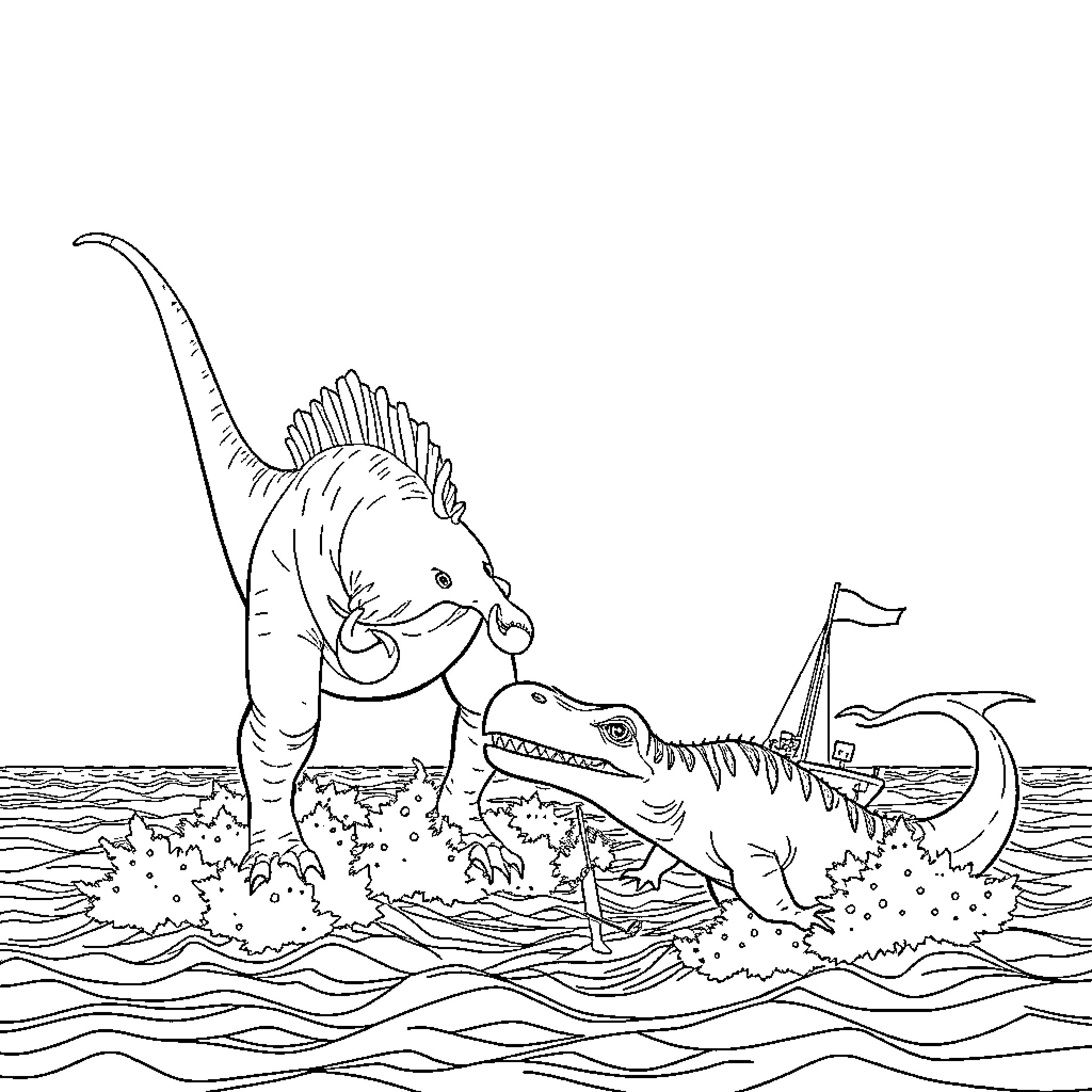 Dinosaurs engaged in playful activities by the sea Coloring Page (free black-and-white line drawing printable PDF for all, from beginners to advanced learners, including children, teens, adults, and seniors)