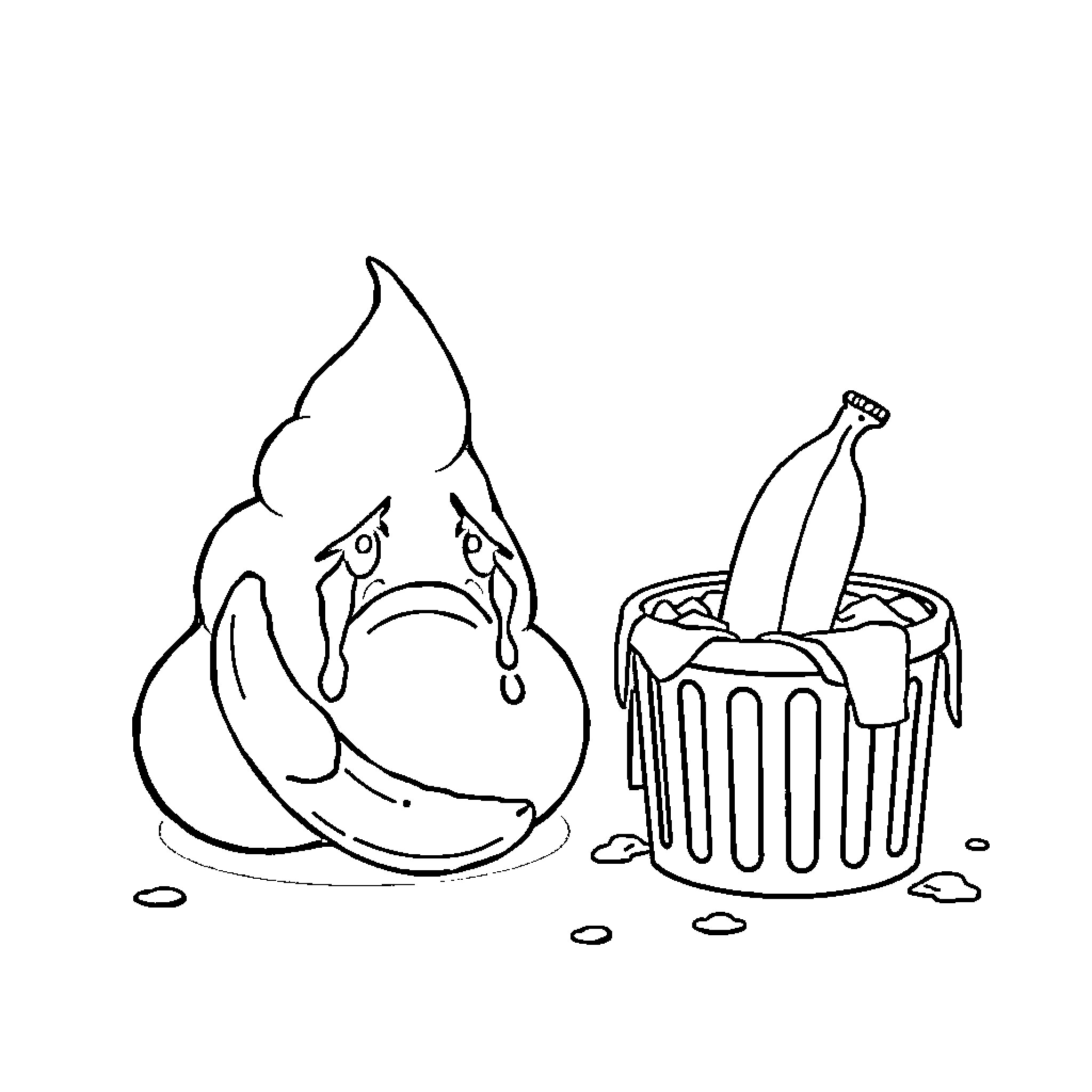 Emoji Frustrated Fruit Spilling from Trash Can Coloring Page (free black-and-white line drawing printable PDF for all, from beginners to advanced learners, including children, teens, adults, and seniors)