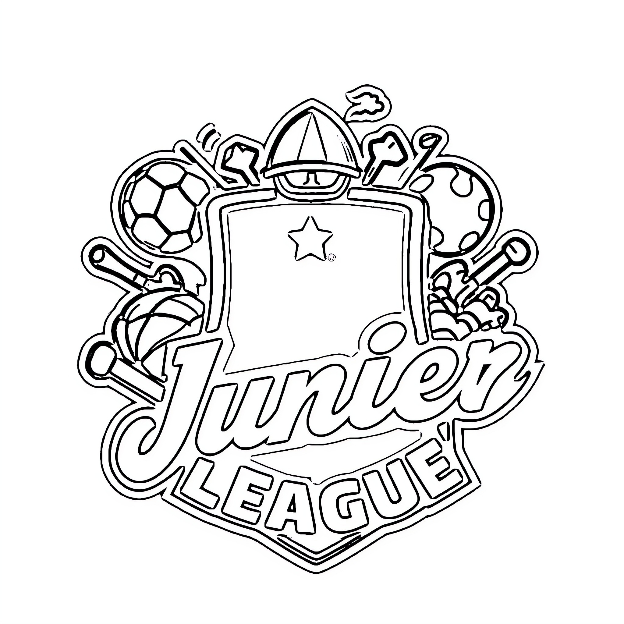 Junior League Sports and Activities Emblem Coloring Page (free black-and-white line drawing printable PDF for all, from beginners to advanced learners, including children, teens, adults, and seniors)