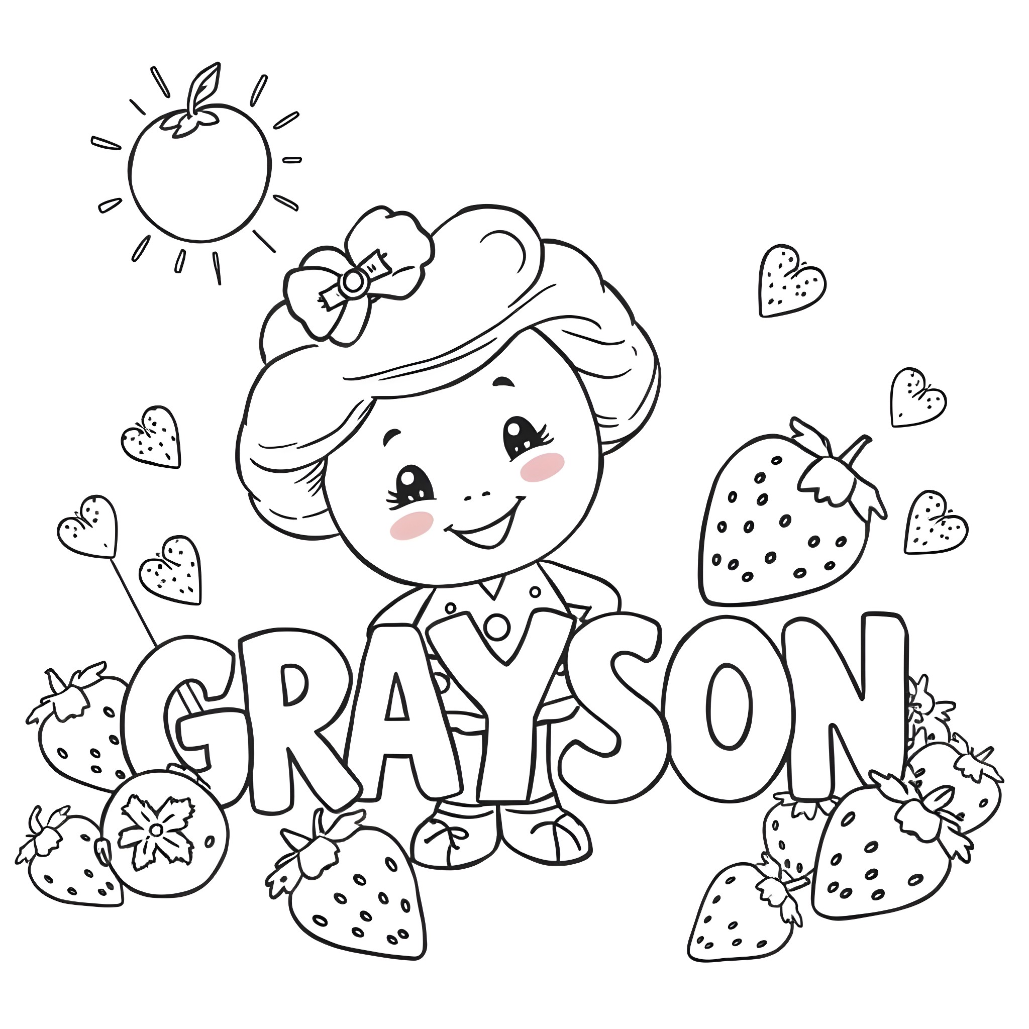Strawberry Shortcake character surrounded by strawberries Coloring Page (free black-and-white line drawing printable PDF for all, from beginners to advanced learners, including children, teens, adults, and seniors)