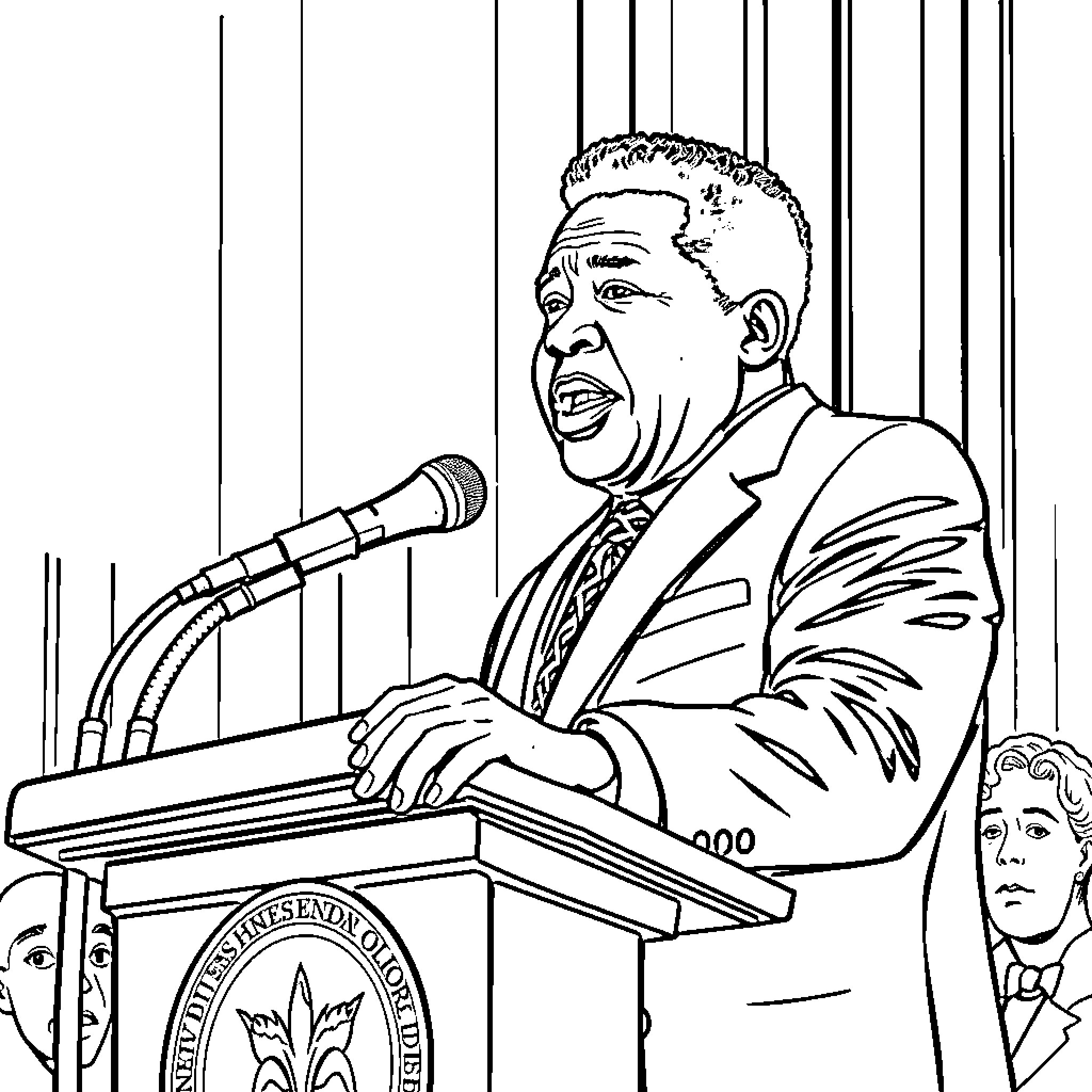 Harold Washington Delivering Passionate Speech at Podium Coloring Page (free black-and-white line drawing printable PDF for all, from beginners to advanced learners, including children, teens, adults, and seniors)