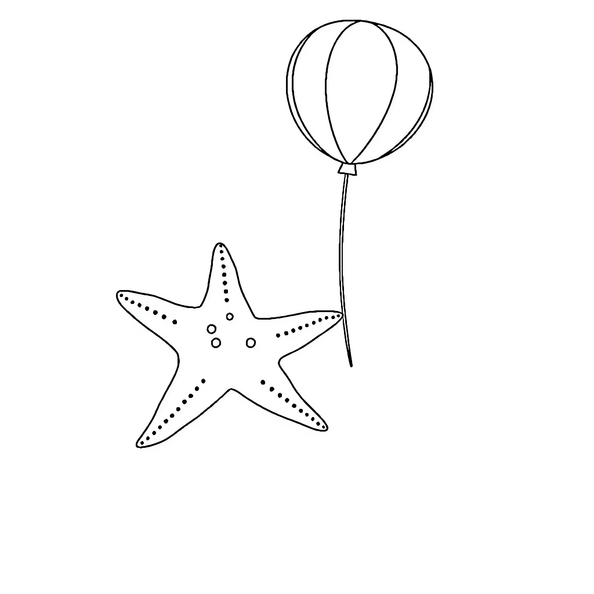 Starfish floating with a balloon Coloring Page (free black-and-white line drawing printable PDF for all, from beginners to advanced learners, including children, teens, adults, and seniors)