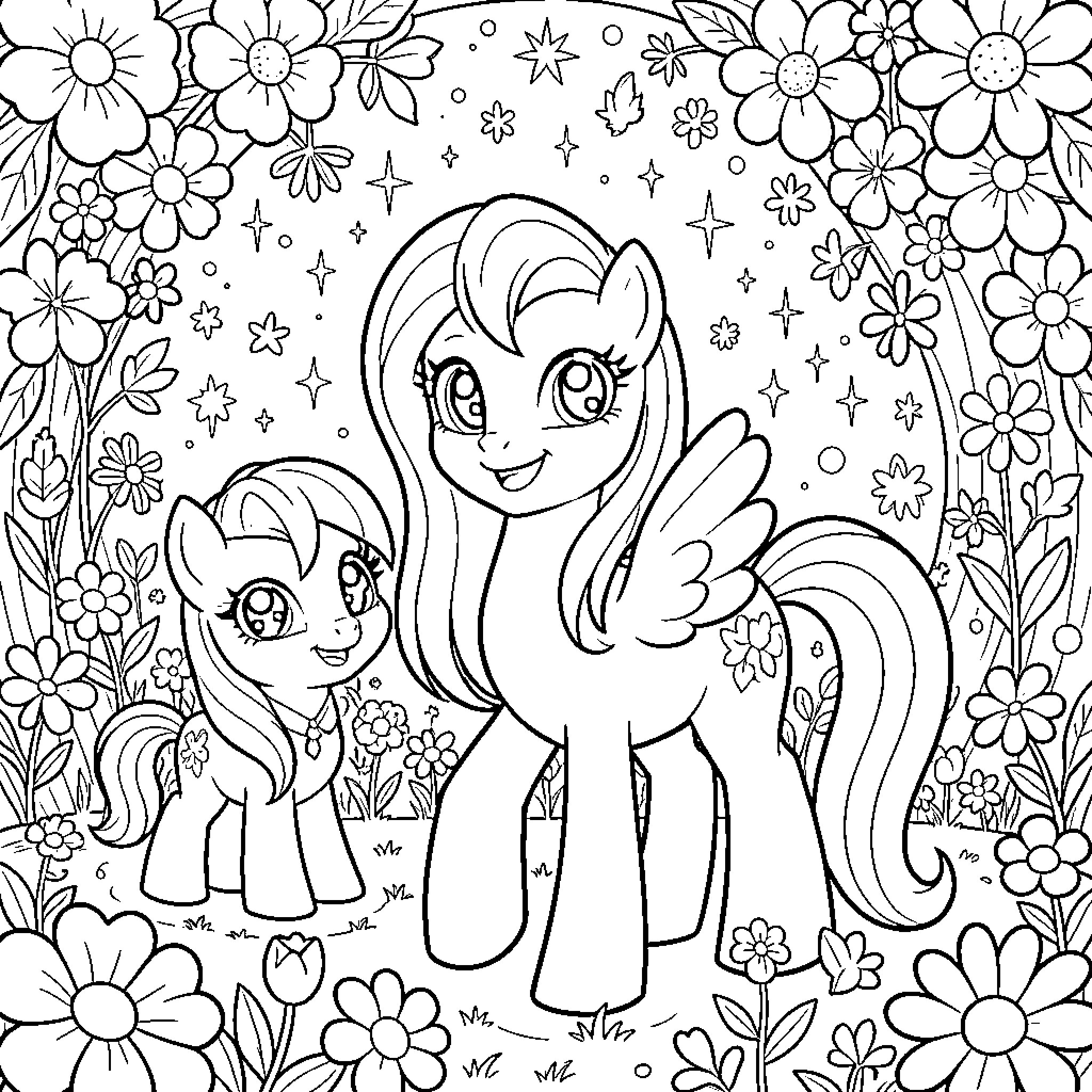 Pony friends enjoying a floral wonderland Coloring Page (free black-and-white line drawing printable PDF for all, from beginners to advanced learners, including children, teens, adults, and seniors)