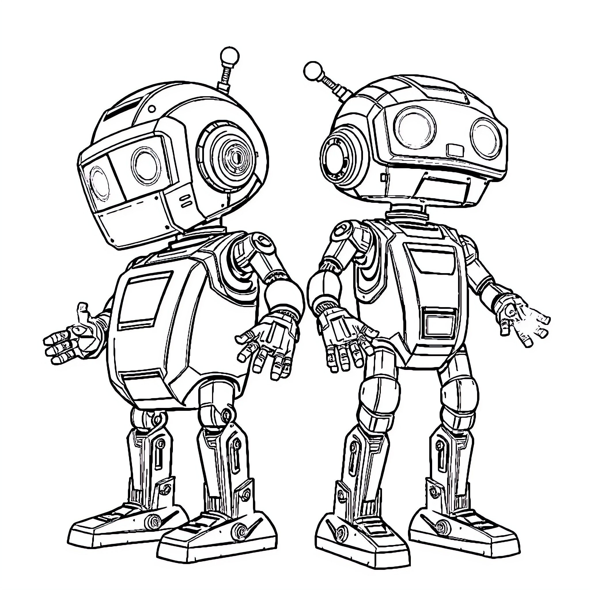 Robot assistants in conversation Coloring Page (free black-and-white line drawing printable PDF for all, from beginners to advanced learners, including children, teens, adults, and seniors)