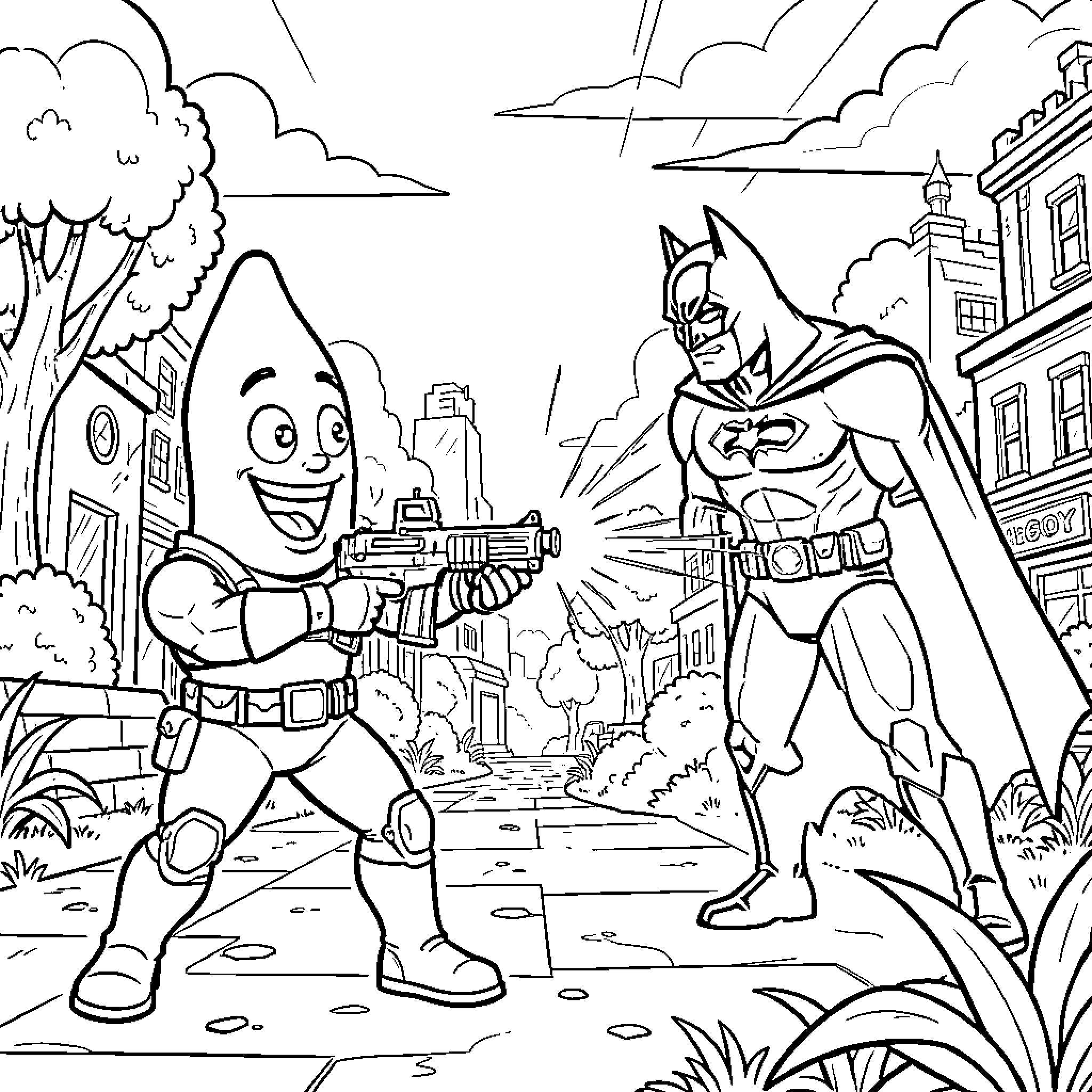 Fortnite Peely Battles Batman in a City Clash Coloring Page (free black-and-white line drawing printable PDF for all, from beginners to advanced learners, including children, teens, adults, and seniors)