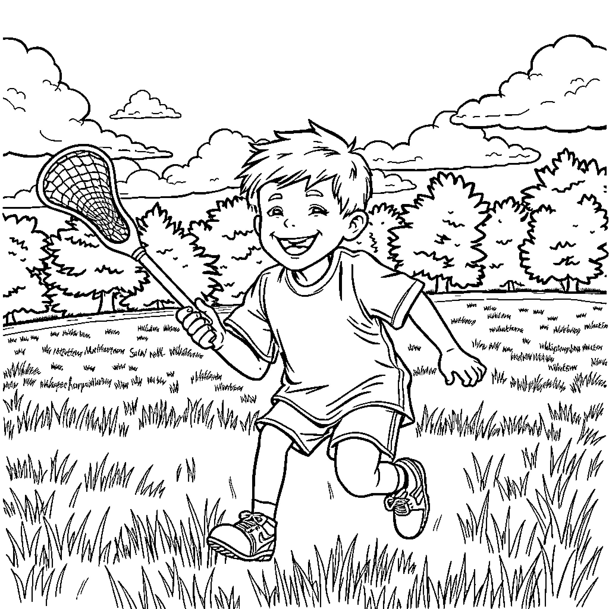 Boy joyfully playing with a butterfly net in the outdoors Coloring Page (free black-and-white line drawing printable PDF for all, from beginners to advanced learners, including children, teens, adults, and seniors)