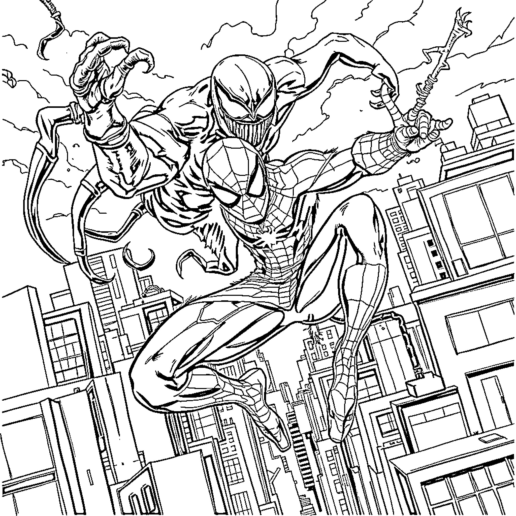 Spiderman swinging through the city with villains in pursuit Coloring Page (free black-and-white line drawing printable PDF for all, from beginners to advanced learners, including children, teens, adults, and seniors)